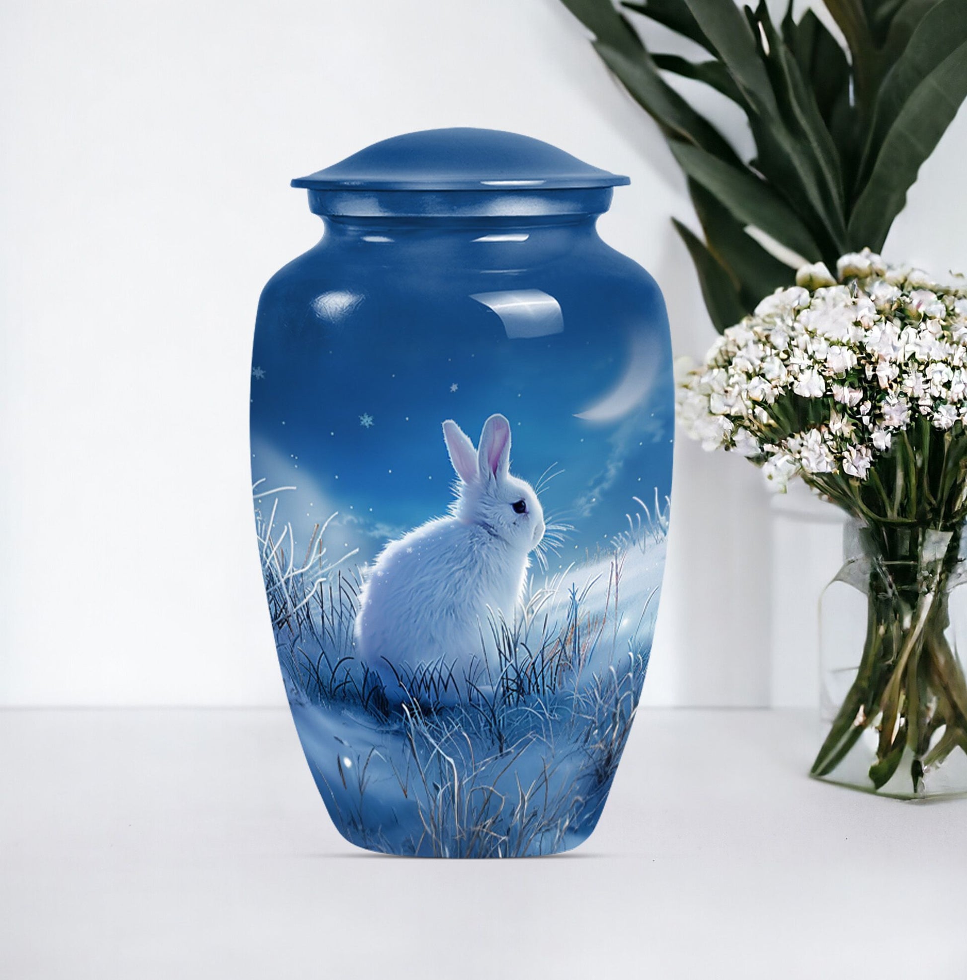 white bunny moon memorial forever urn, a classic cremation urn.