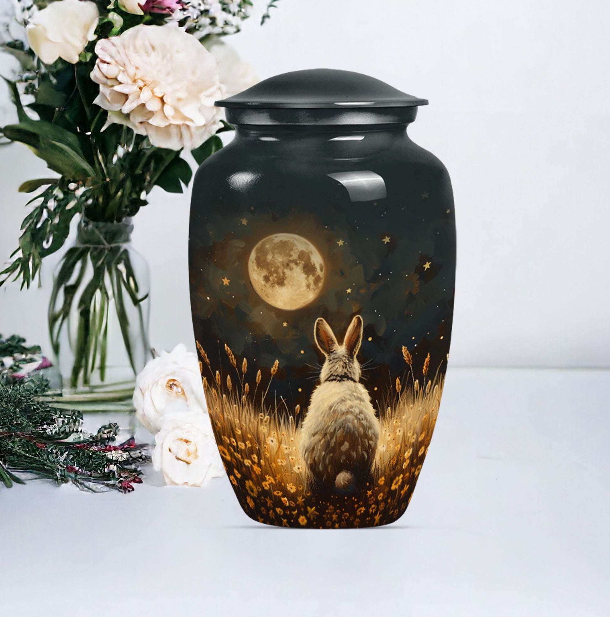 Classic 10-inch white bunny moon urn.