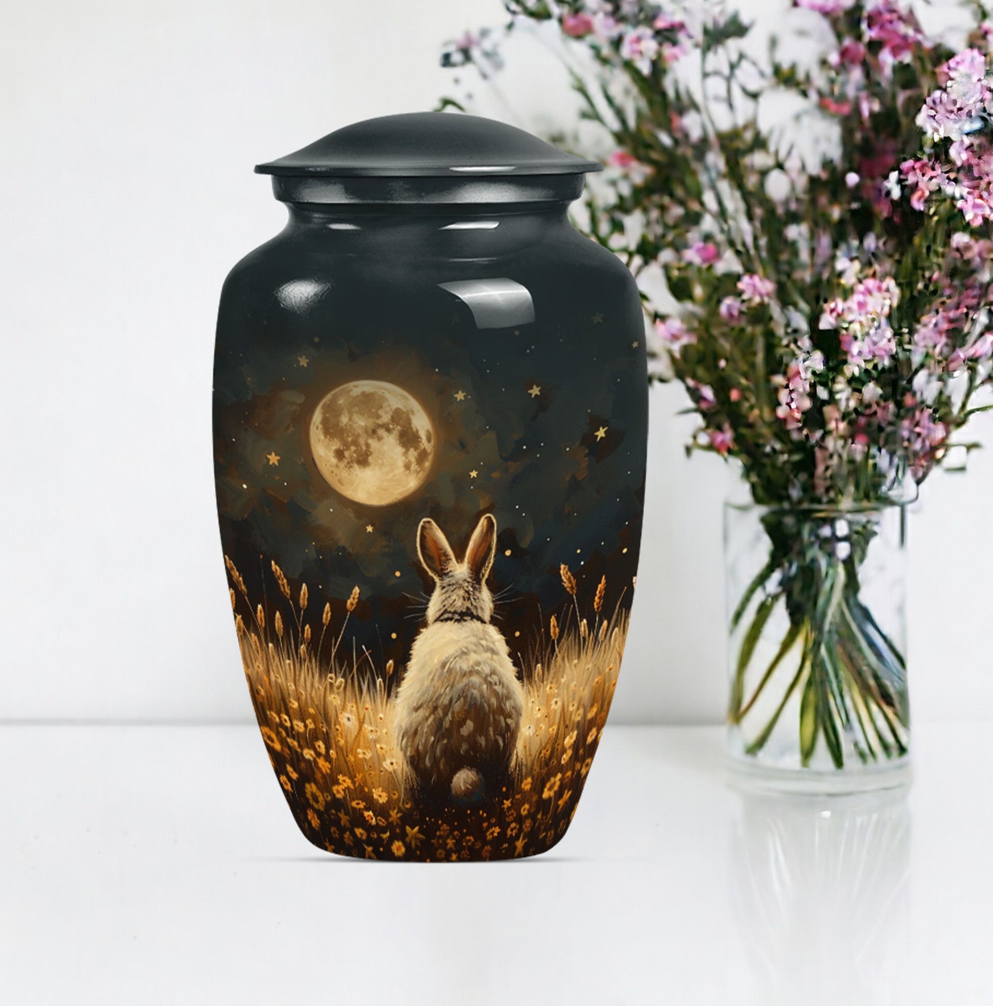 Classic 10-inch white bunny moon urn.