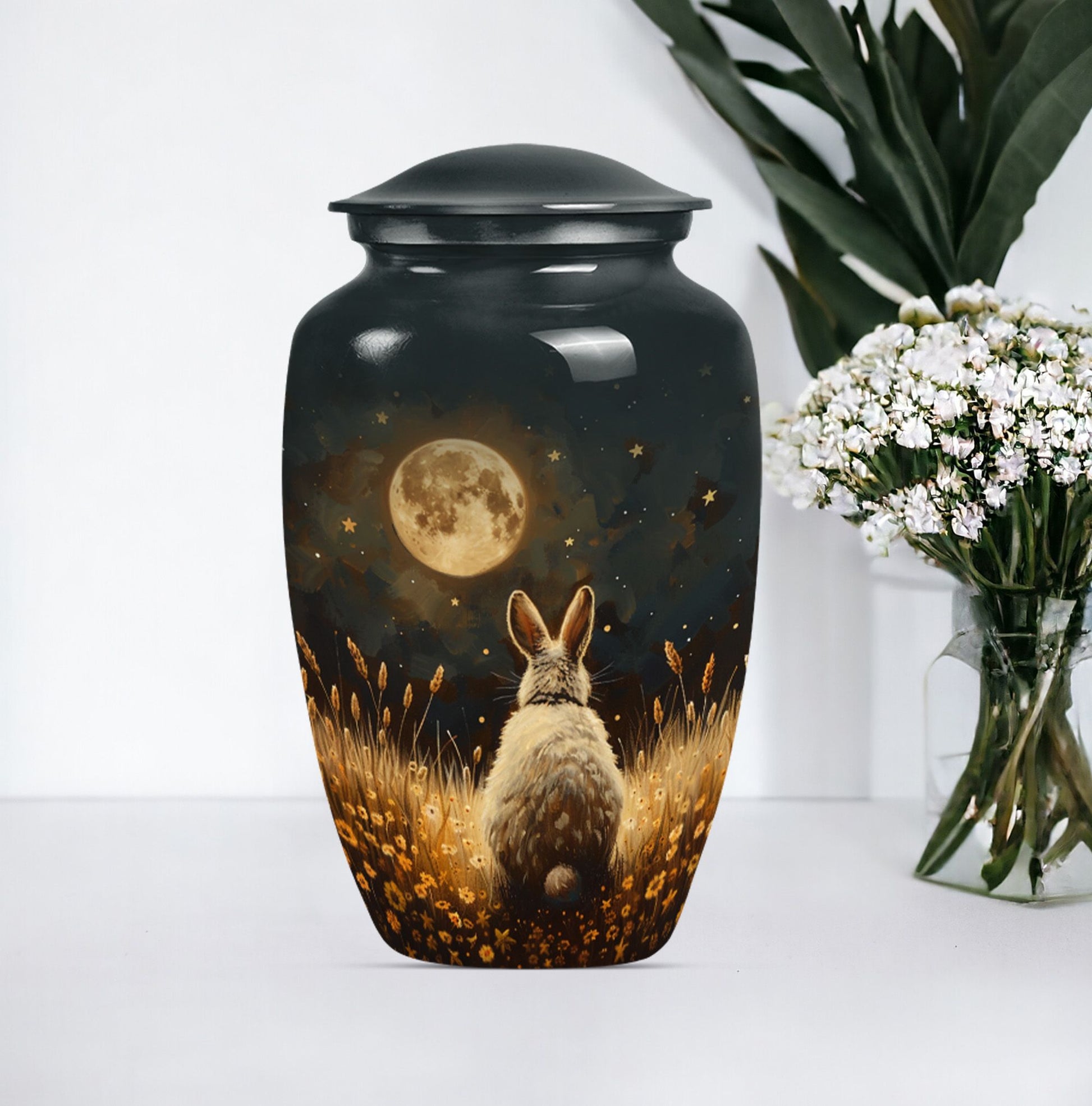 Classic 10-inch white bunny moon urn.