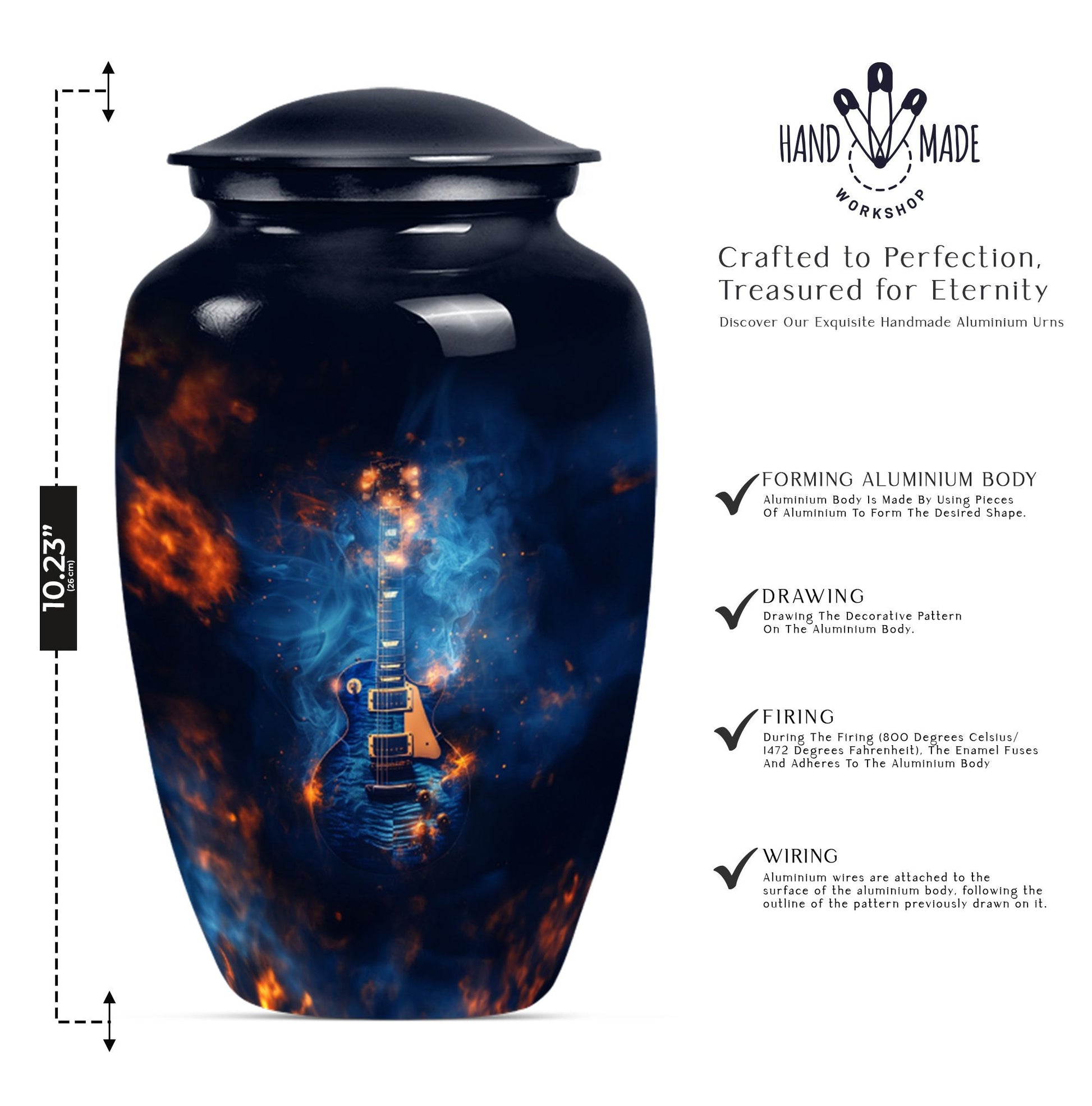 Classic 10-inch Guitar Urn, metal cremation urn for ashes.