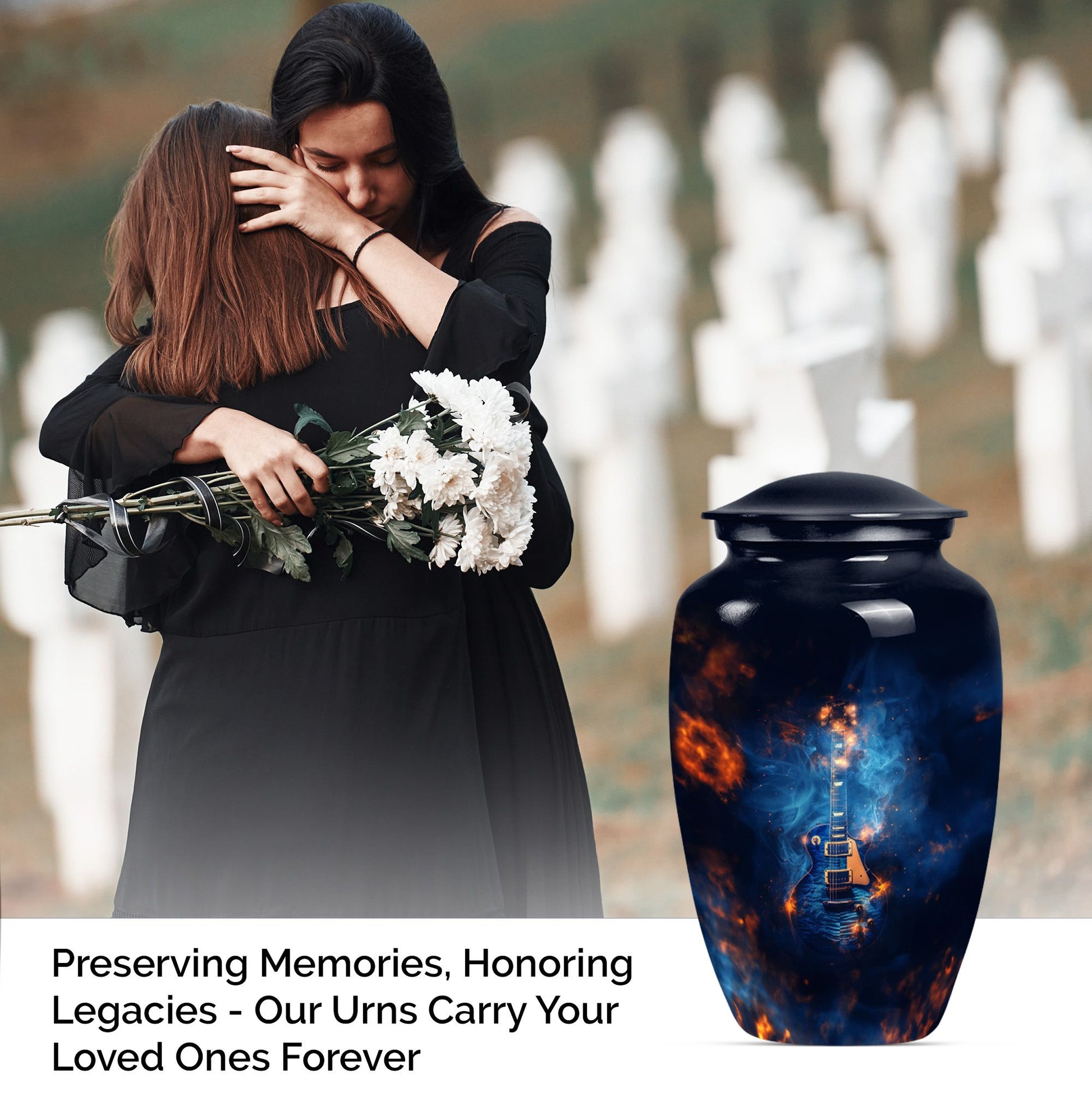 Classic 10-inch Guitar Urn, metal cremation urn for ashes.