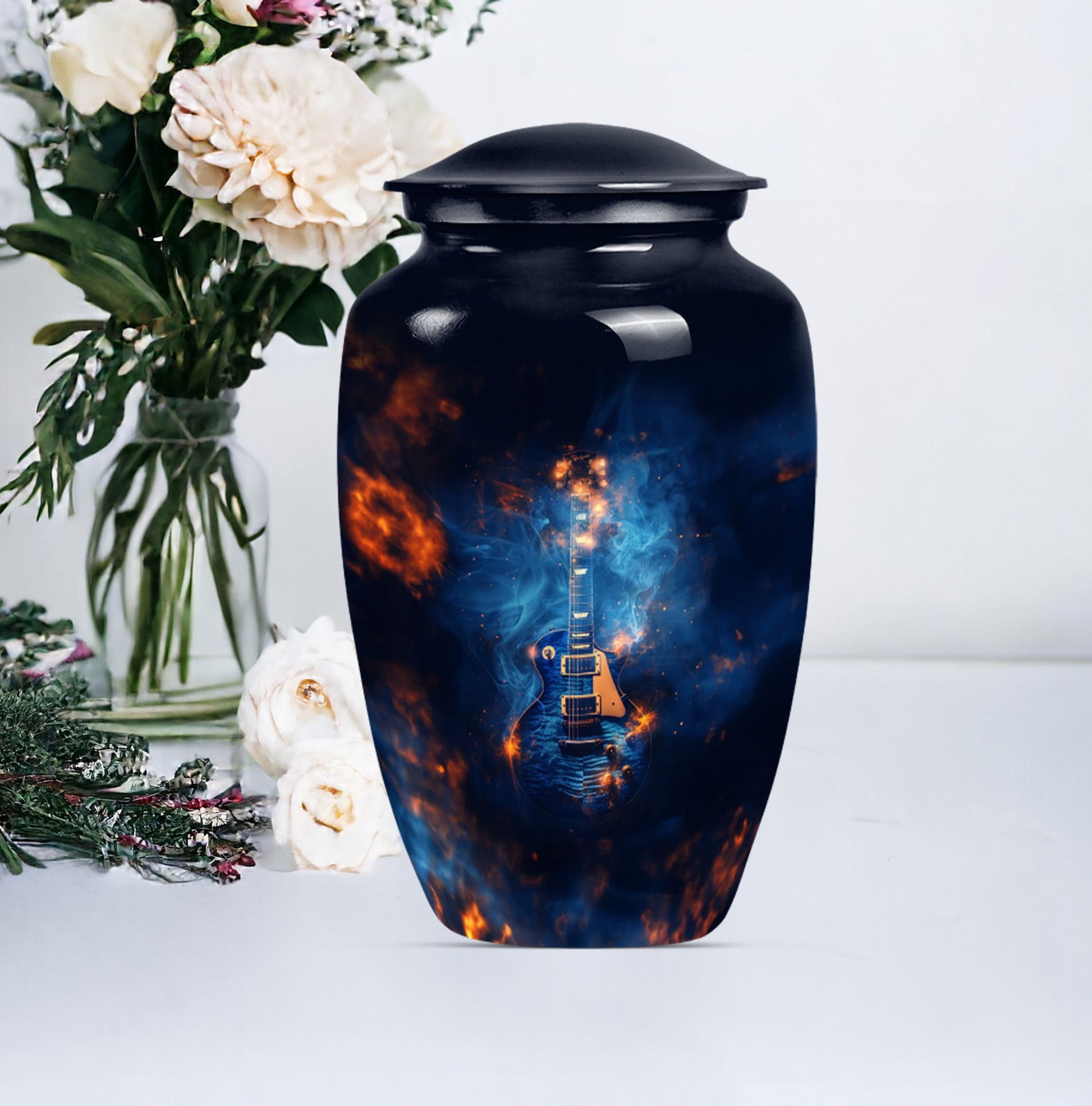 Classic 10-inch Guitar Urn, metal cremation urn for ashes.