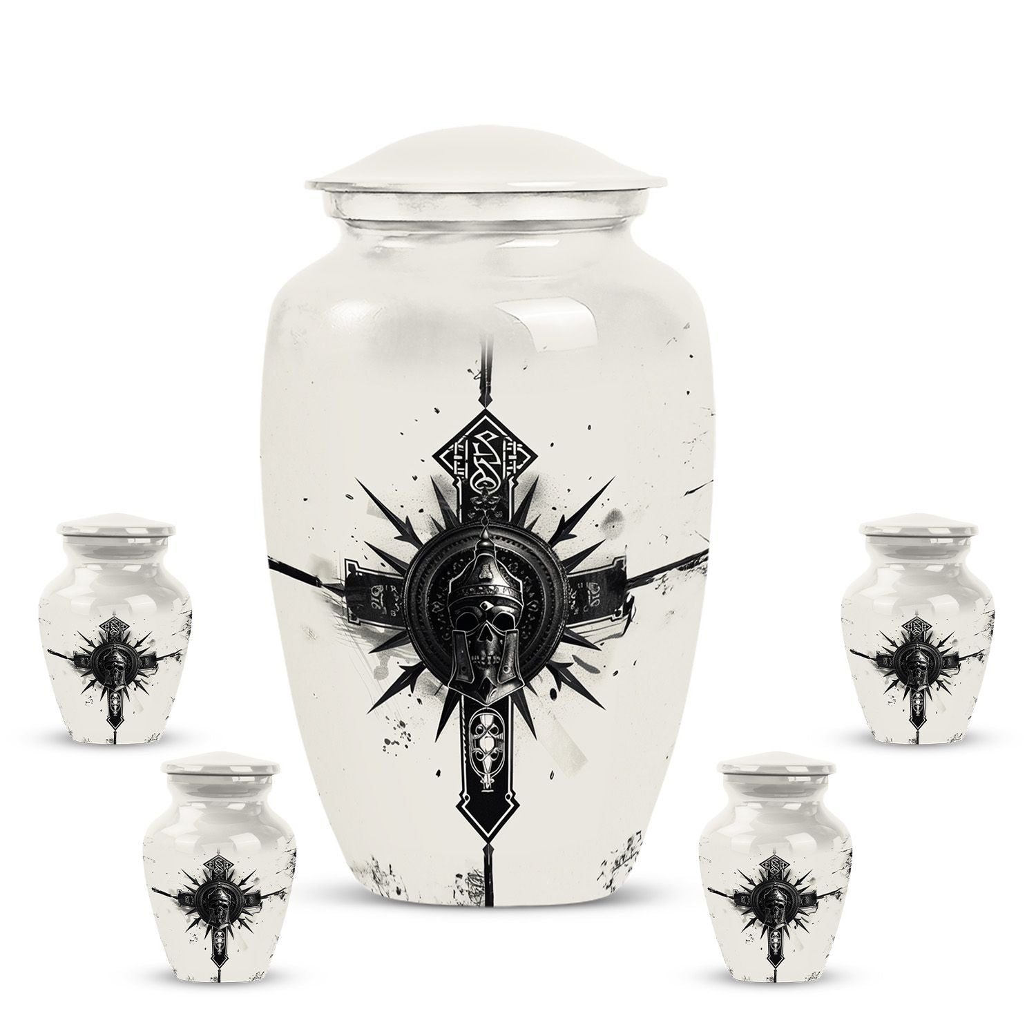 classic catholic urn with abstract design for funeral burial.