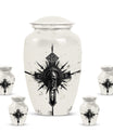 classic catholic urn with abstract design for funeral burial.