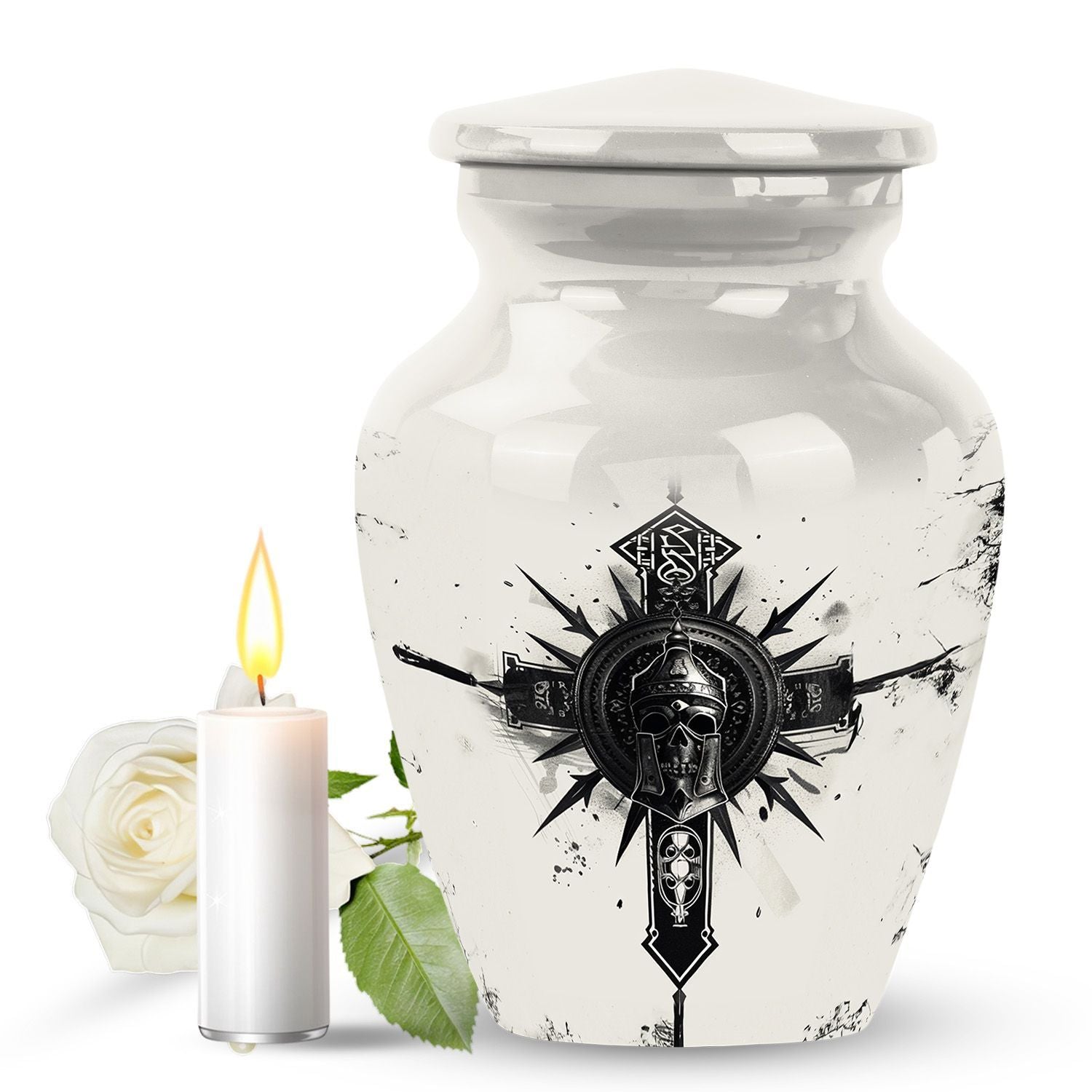 classic catholic urn with abstract design for funeral burial.