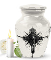 classic catholic urn with abstract design for funeral burial.