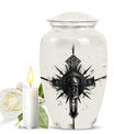 classic catholic urn with abstract design for funeral burial.