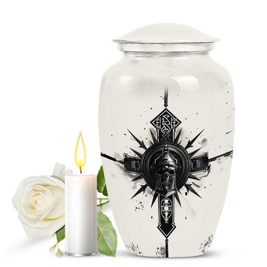 classic catholic urn with abstract design for funeral burial.