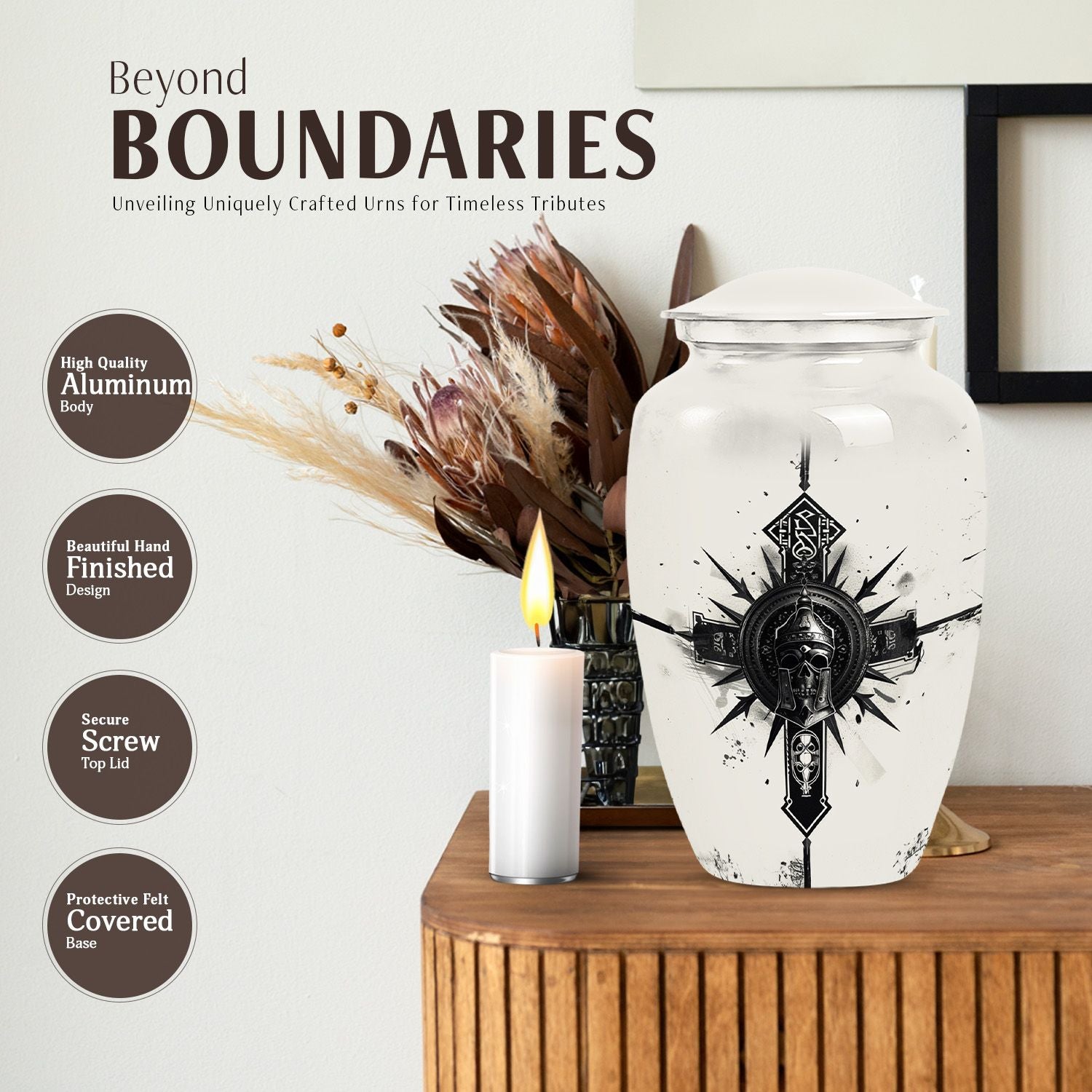 classic catholic urn with abstract design for funeral burial.