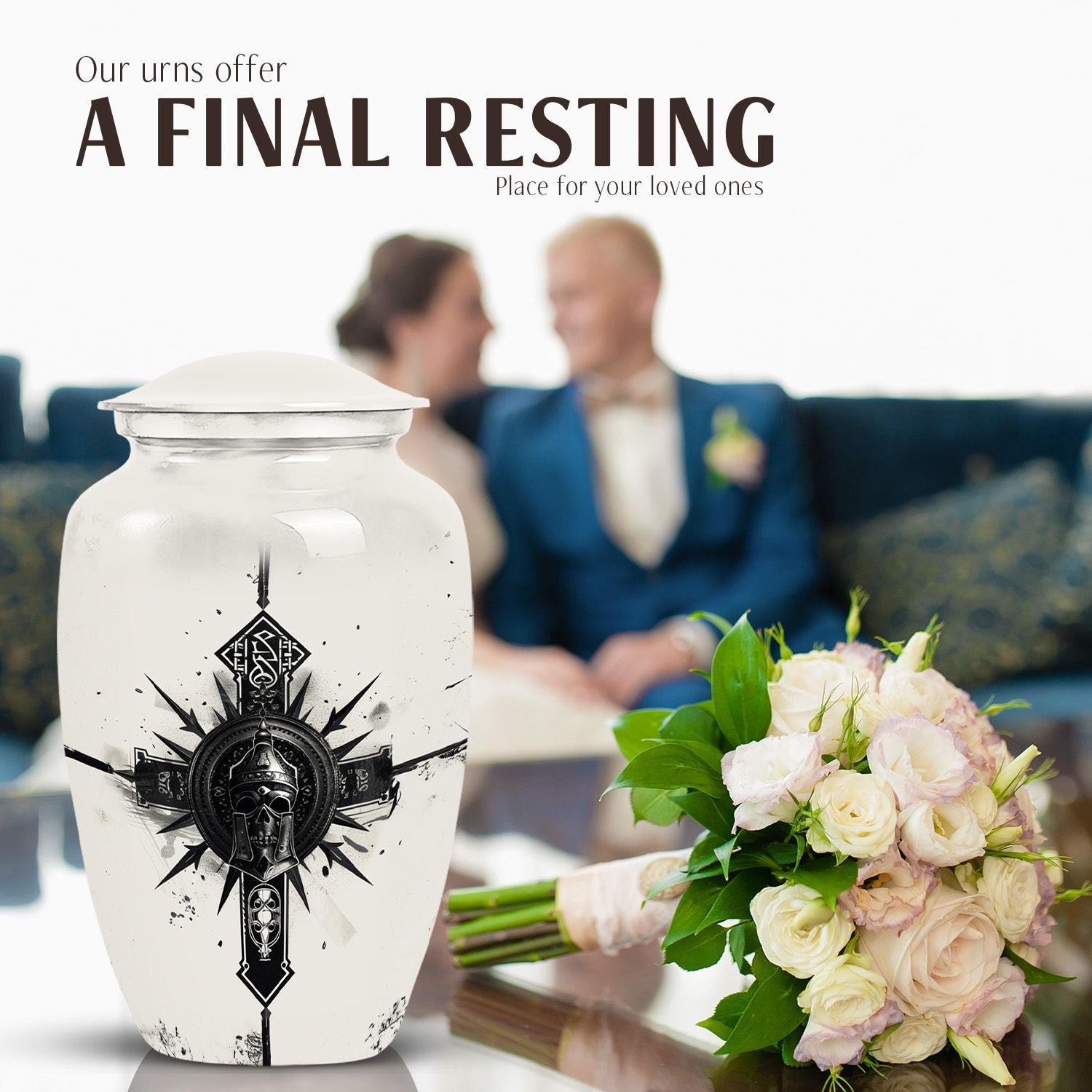 classic catholic urn with abstract design for funeral burial.