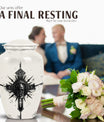 classic catholic urn with abstract design for funeral burial.