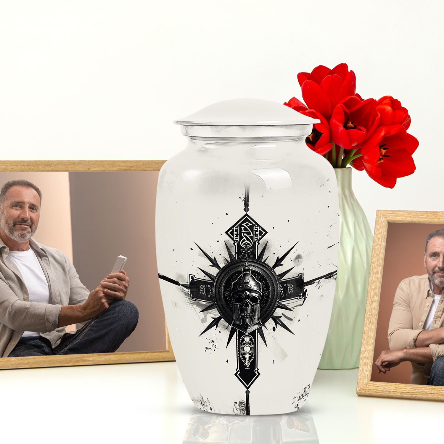 classic catholic urn with abstract design for funeral burial.