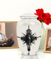 classic catholic urn with abstract design for funeral burial.