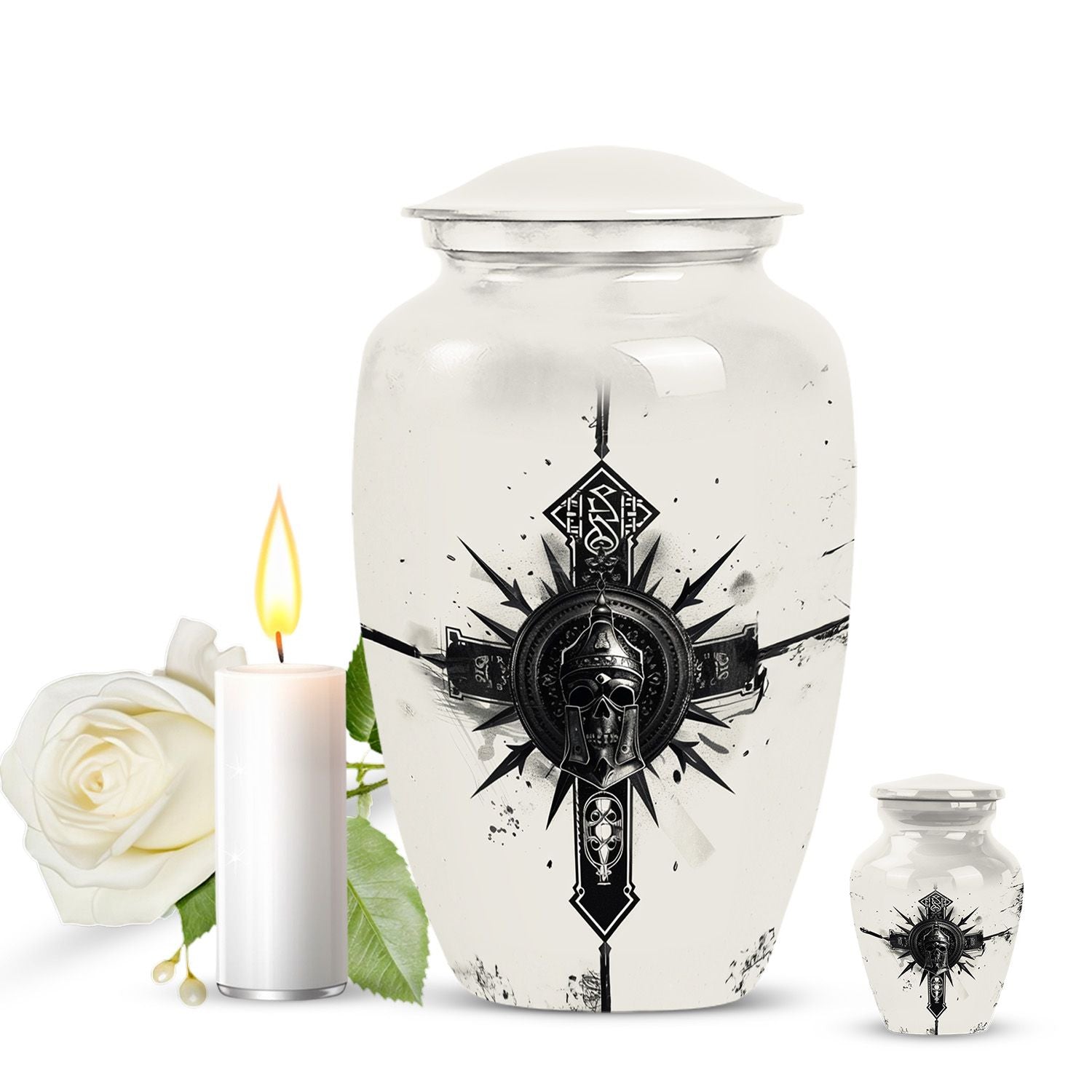 classic catholic urn with abstract design for funeral burial.