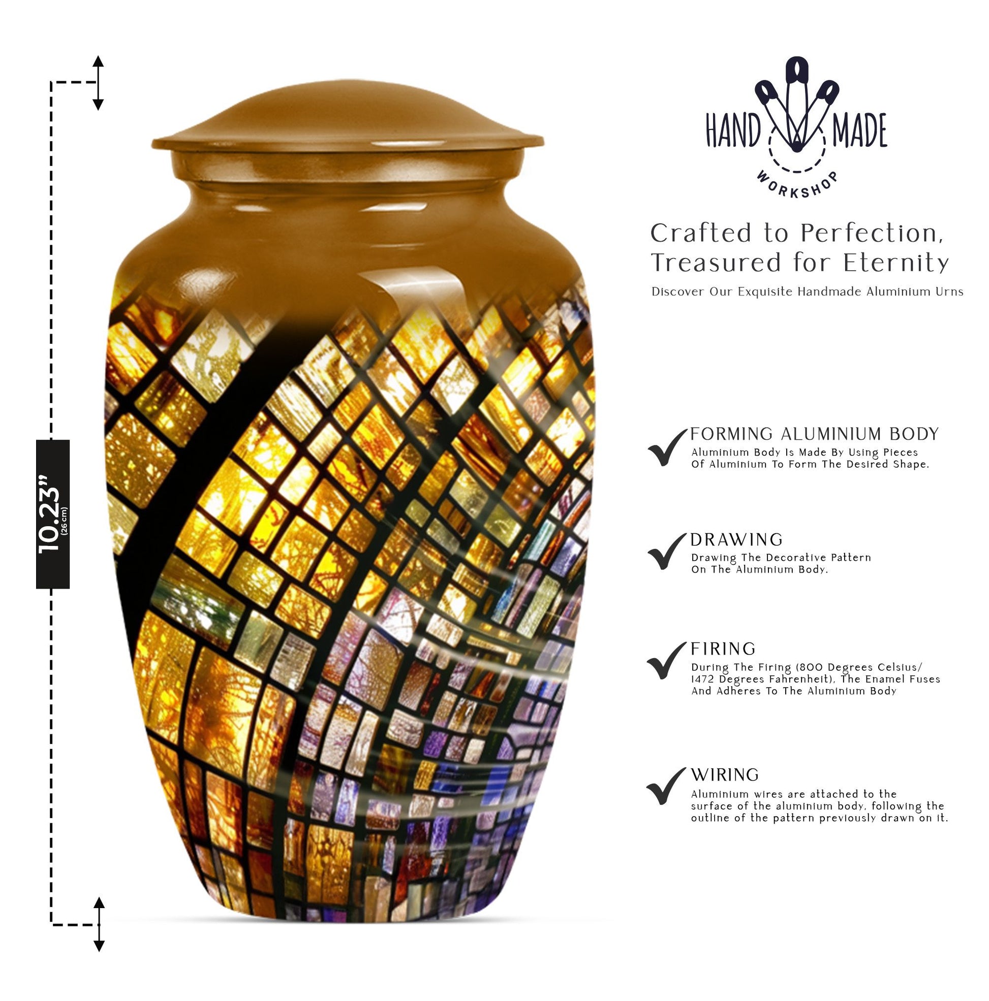 10-inch classic abstract stained glass cremation urn for male, aluminium made