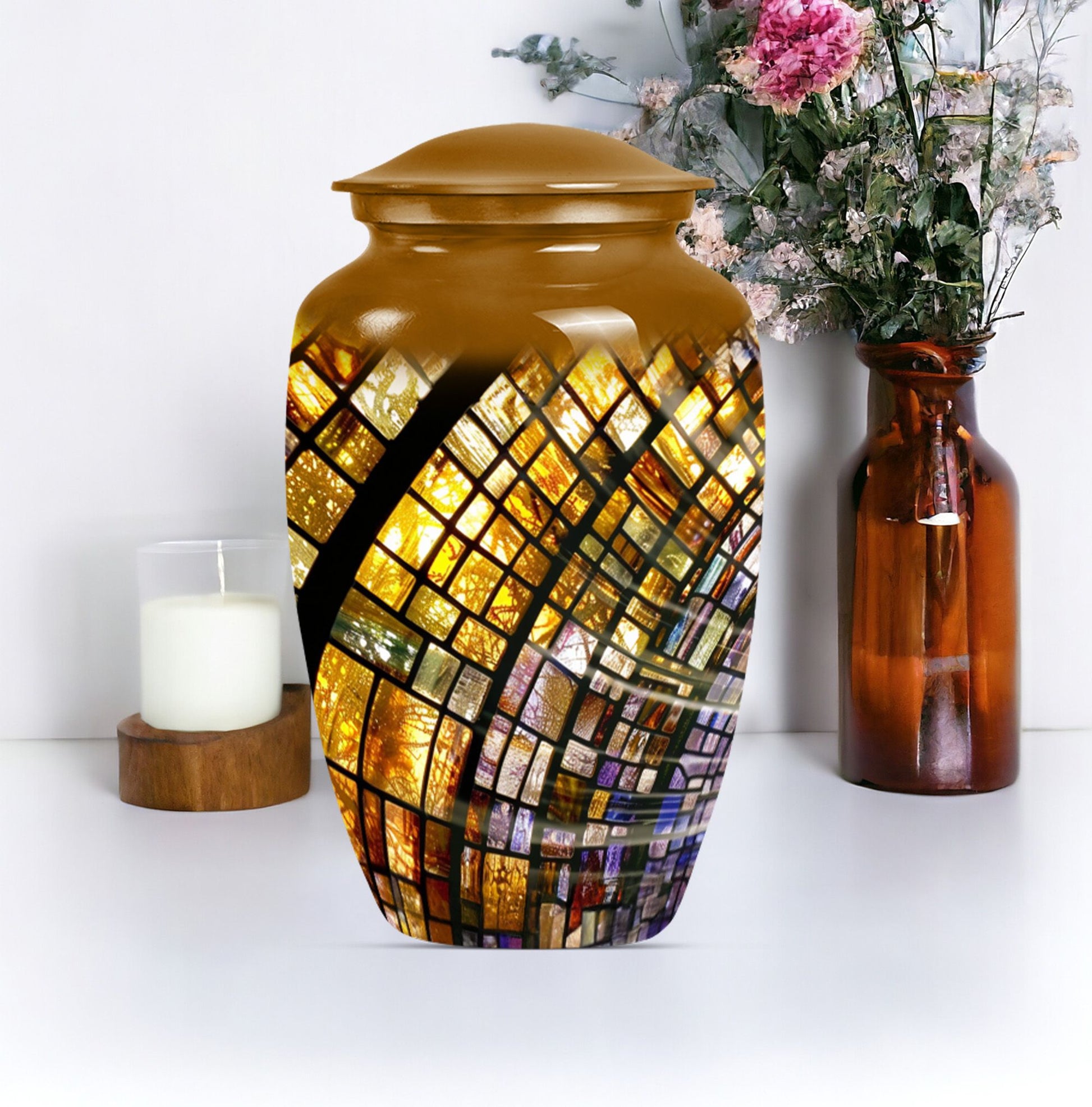 10-inch classic abstract stained glass cremation urn for male, aluminium made