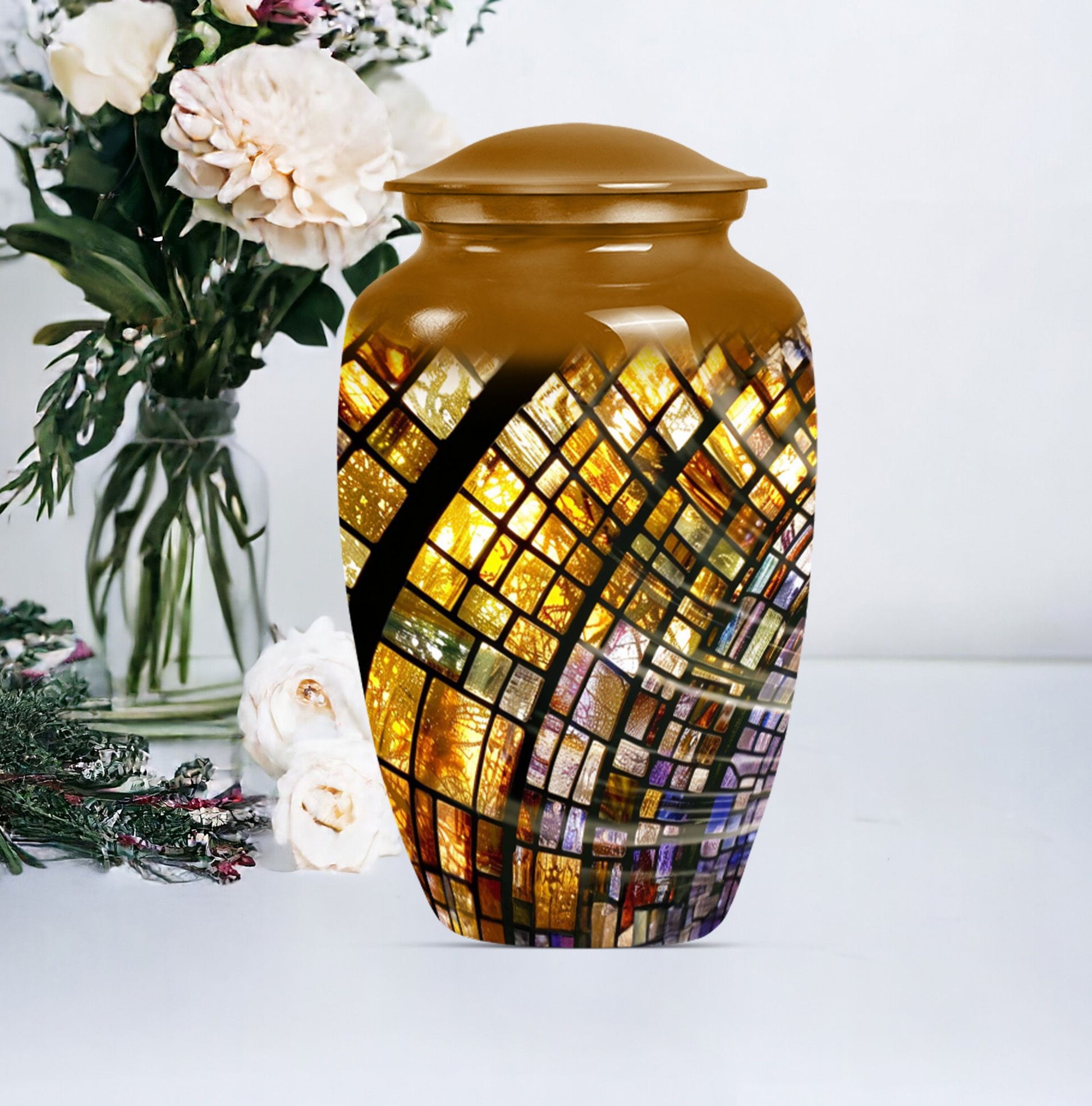 10-inch classic abstract stained glass cremation urn for male, aluminium made