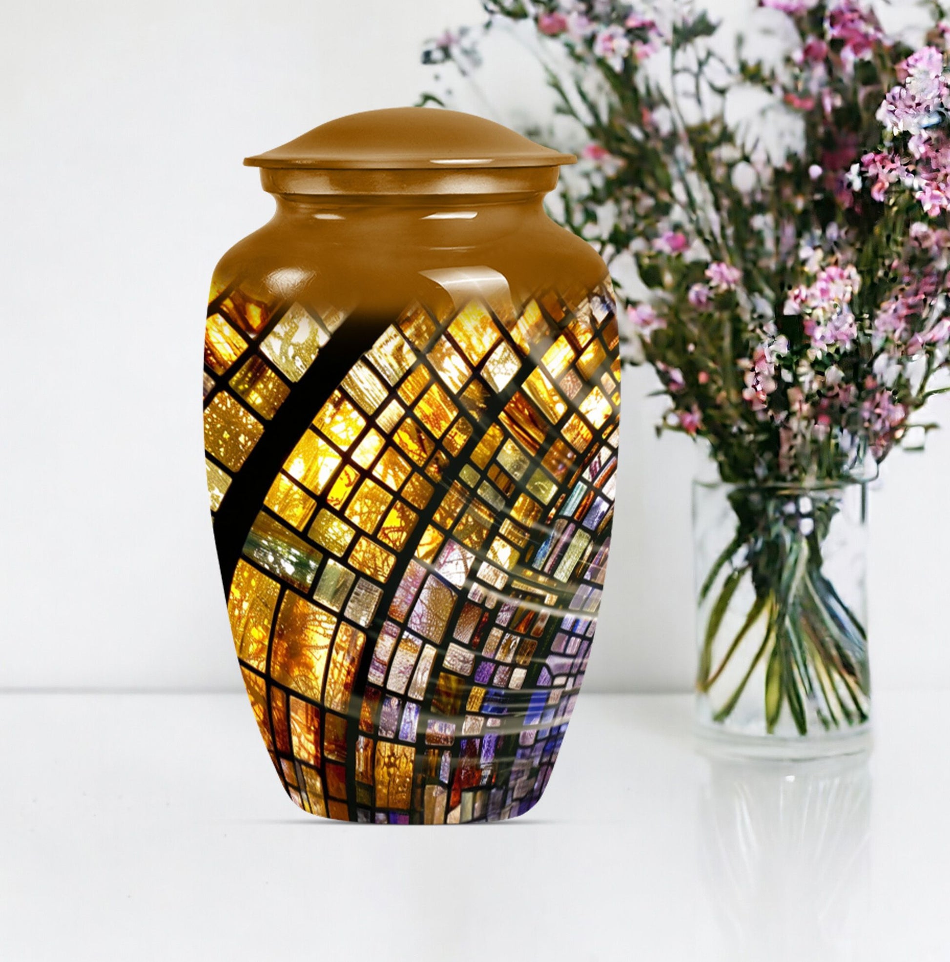 10-inch classic abstract stained glass cremation urn for male, aluminium made