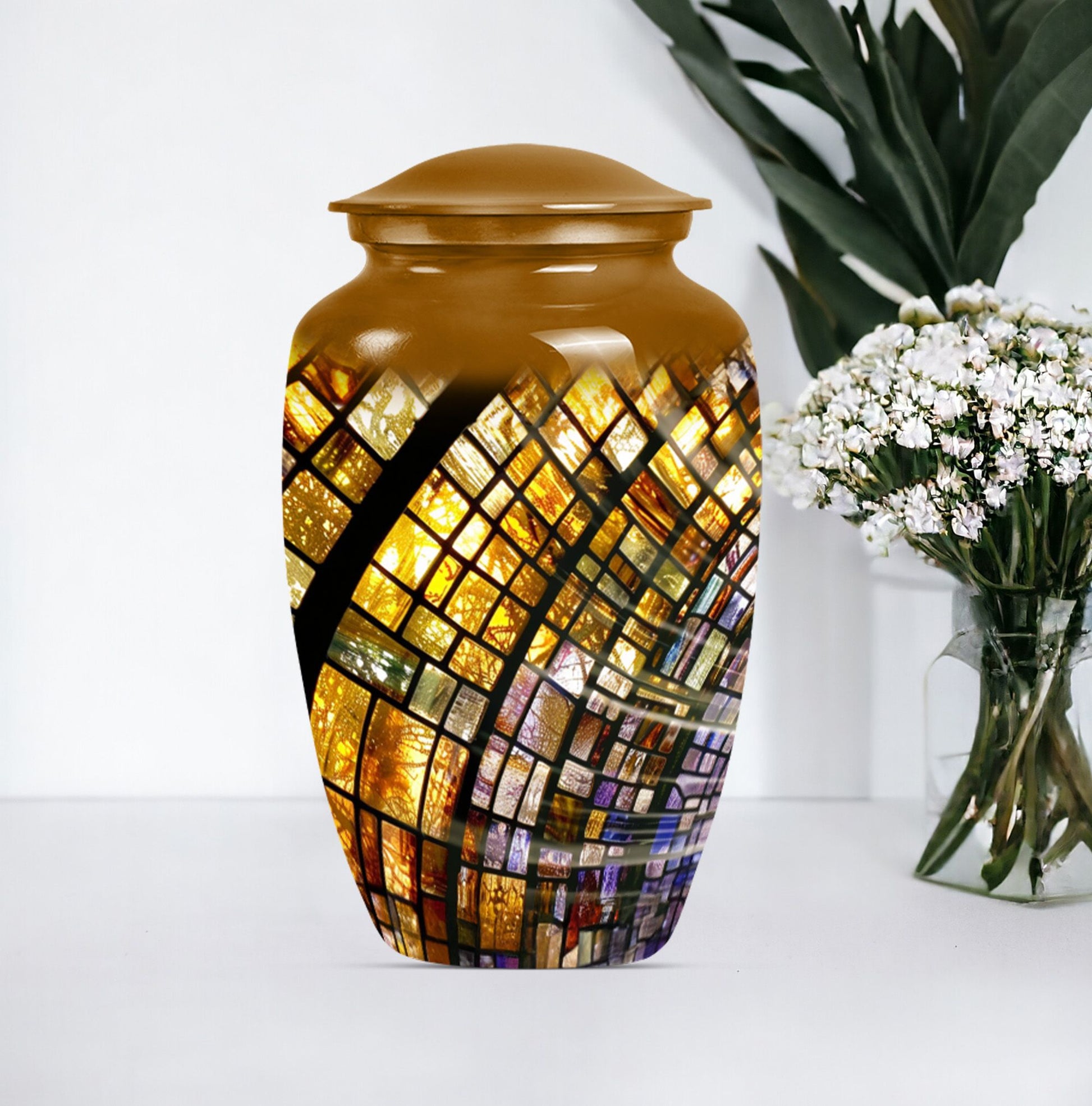 10-inch classic abstract stained glass cremation urn for male, aluminium made