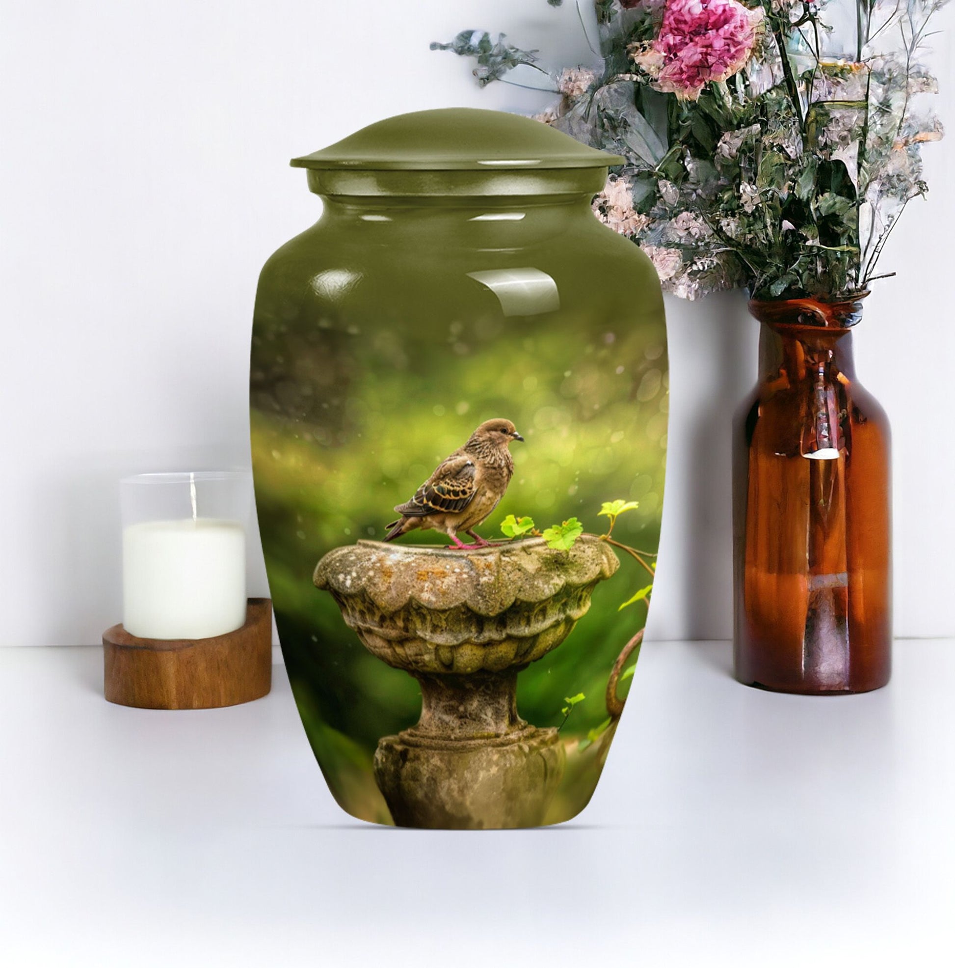 Classic dove urn in Purple Meadow theme