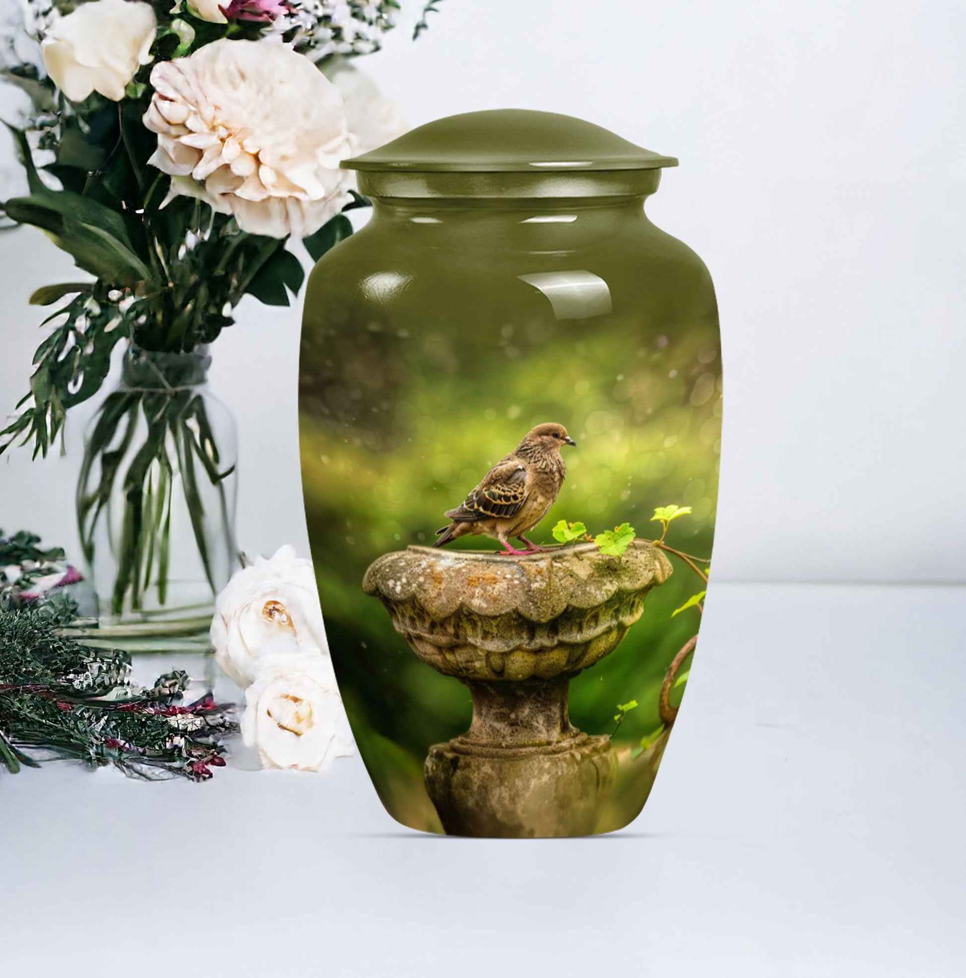 Classic dove urn in Purple Meadow theme