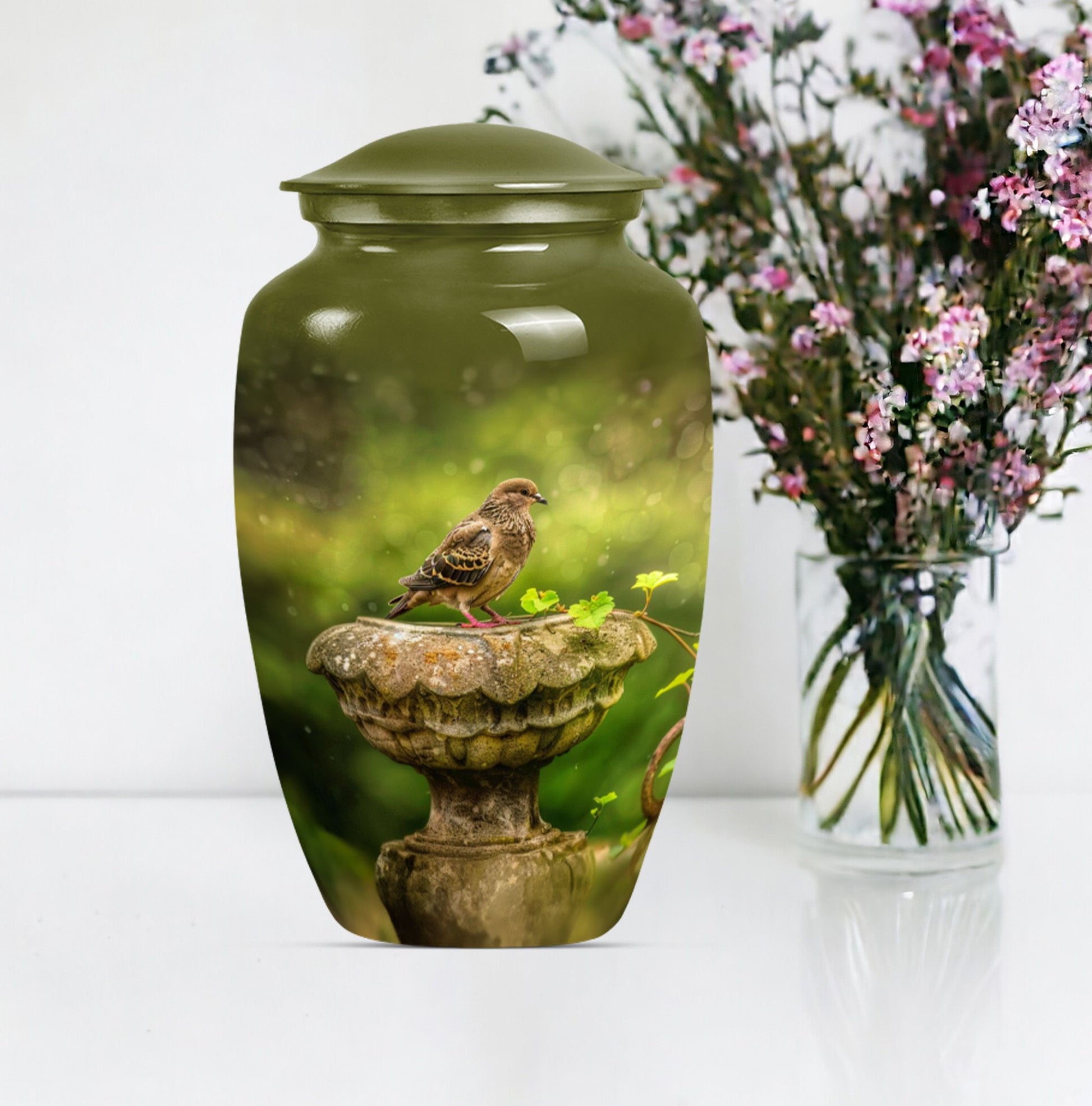 Classic dove urn in Purple Meadow theme