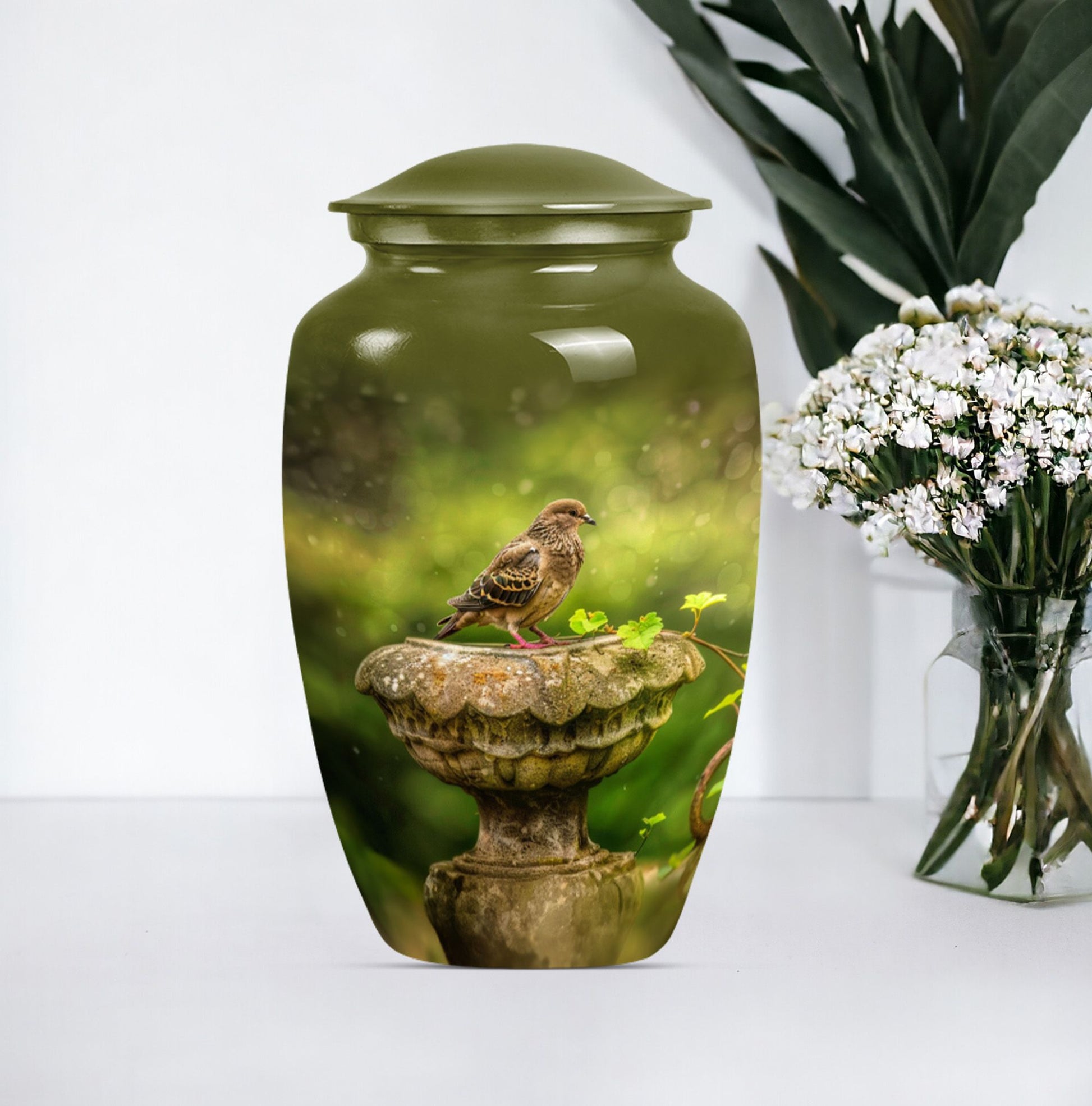 Classic dove urn in Purple Meadow theme