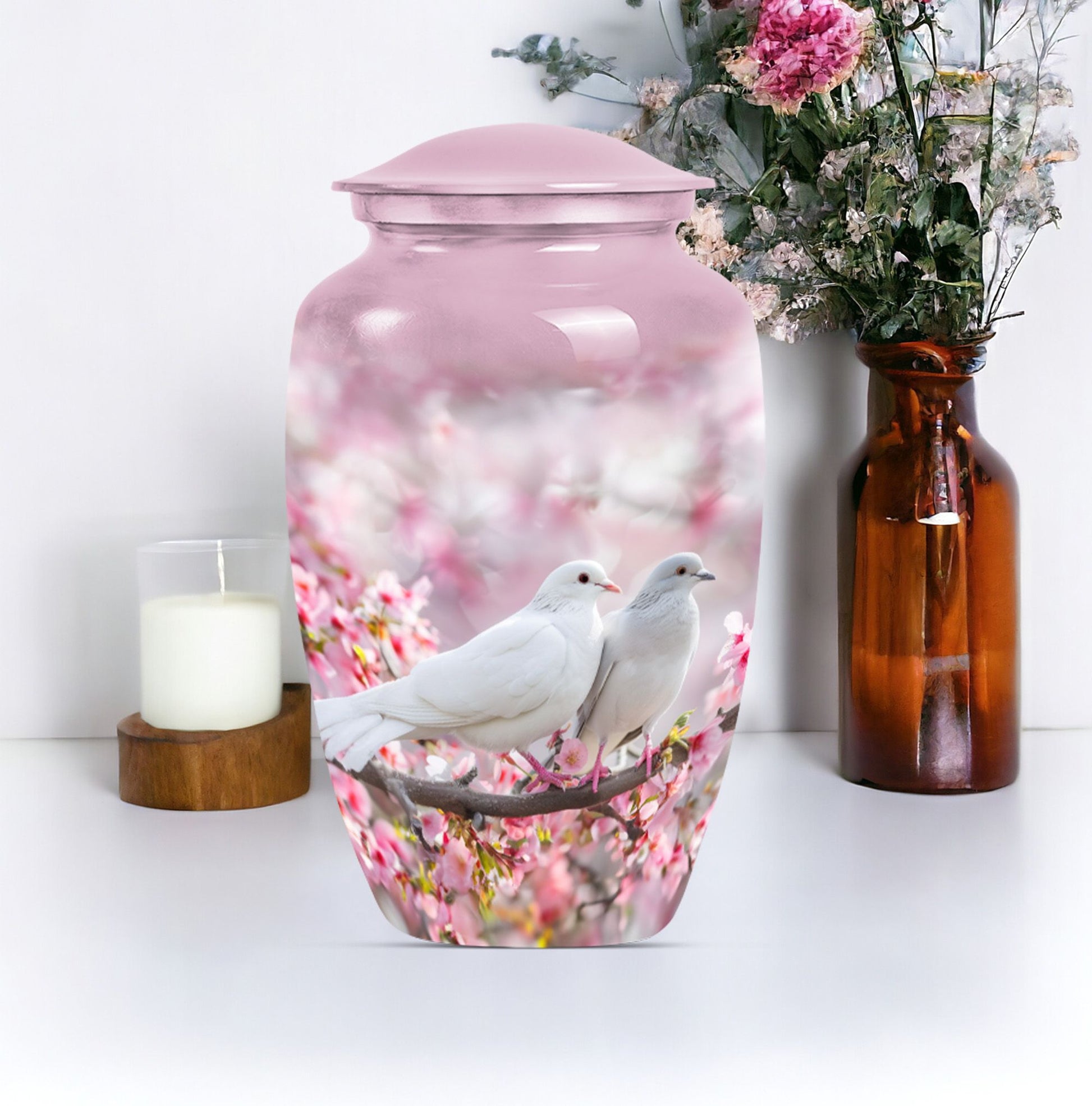 Classic 10-inch Dove Urn in Purple Meadow theme.