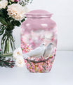 Classic 10-inch Dove Urn in Purple Meadow theme.