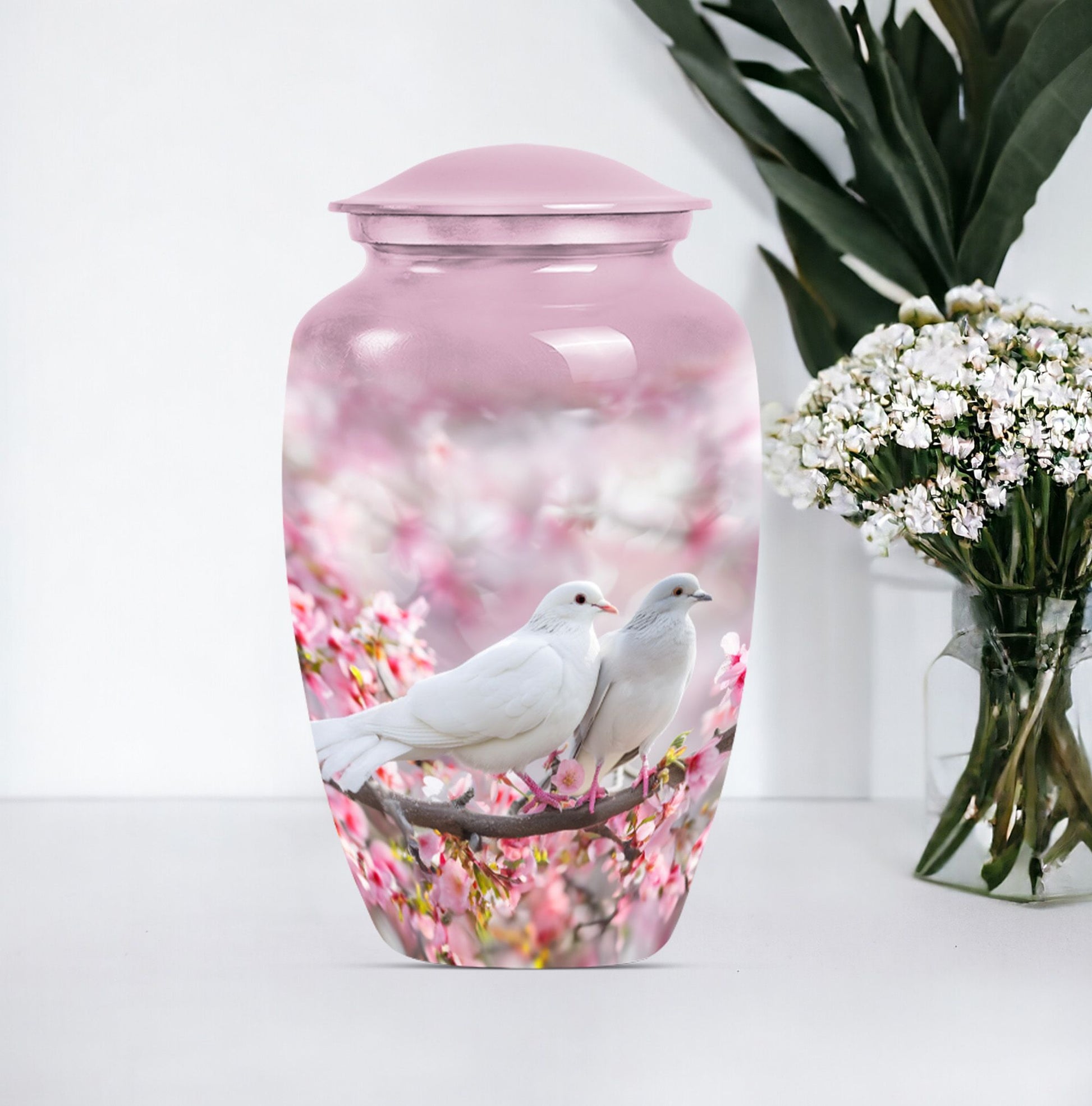 Classic 10-inch Dove Urn in Purple Meadow theme.