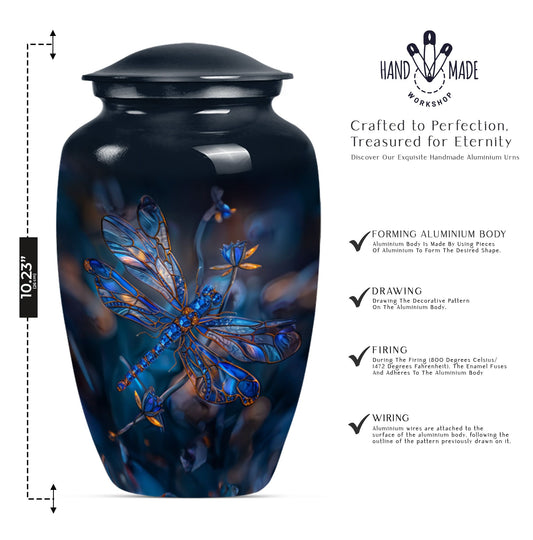 Elegant, 10-inch Aluminum Dragonfly Urn with Purple Meadow