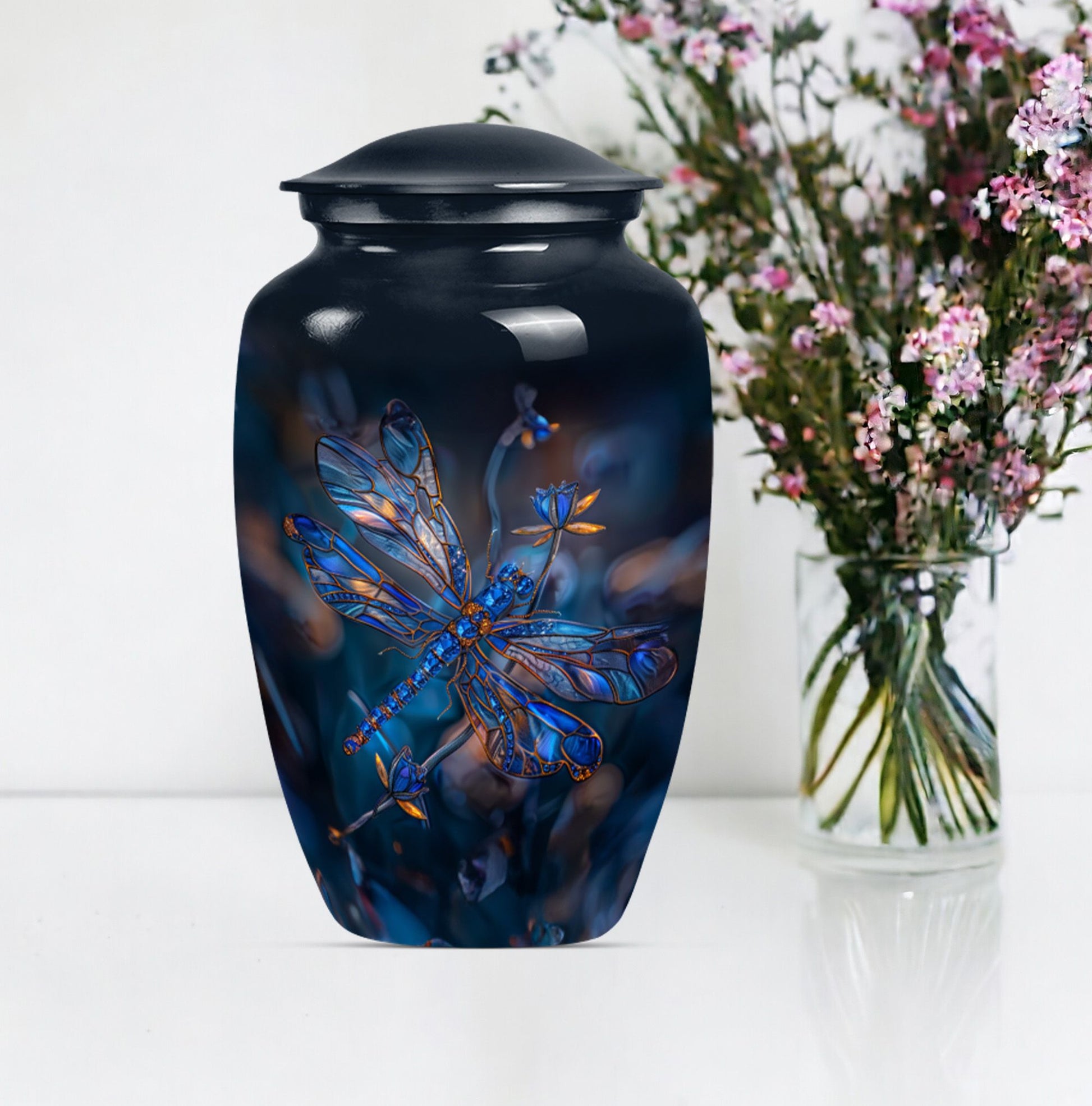 Elegant, 10-inch Aluminum Dragonfly Urn with Purple Meadow