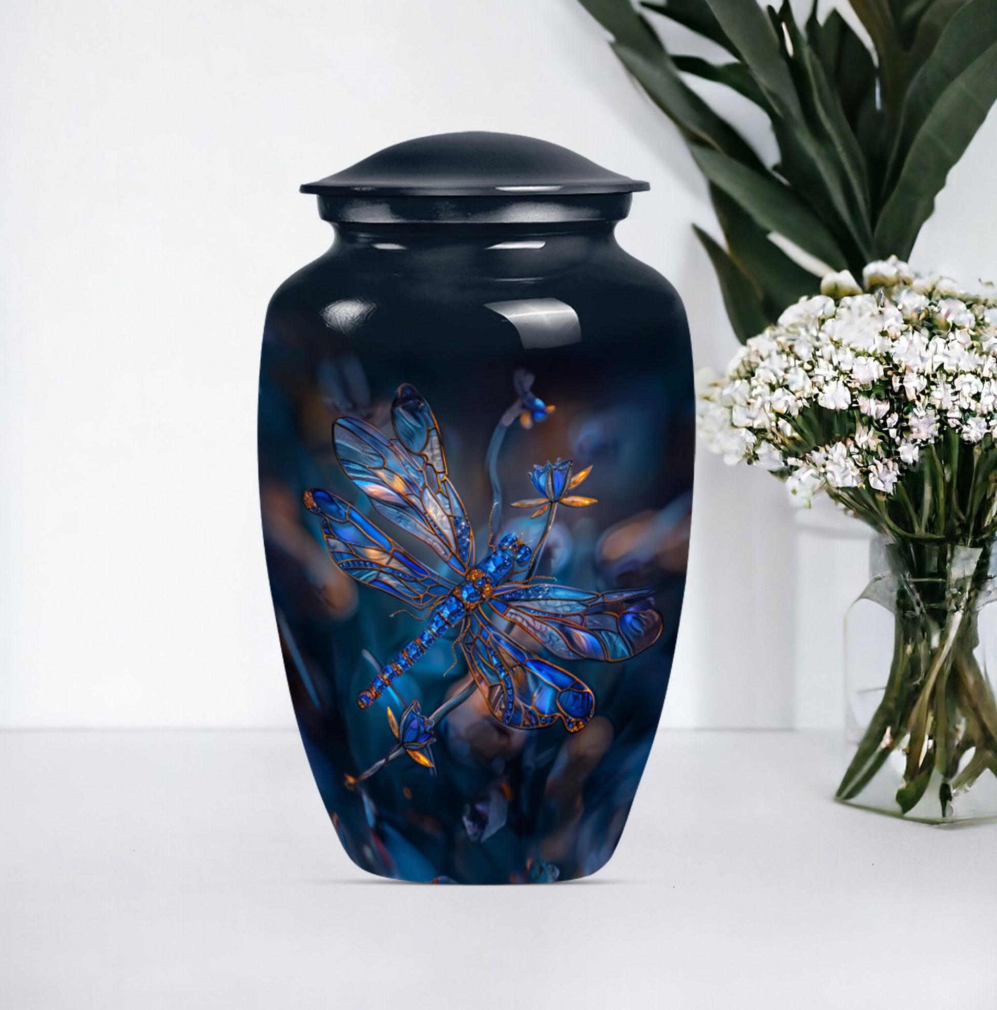 Elegant, 10-inch Aluminum Dragonfly Urn with Purple Meadow