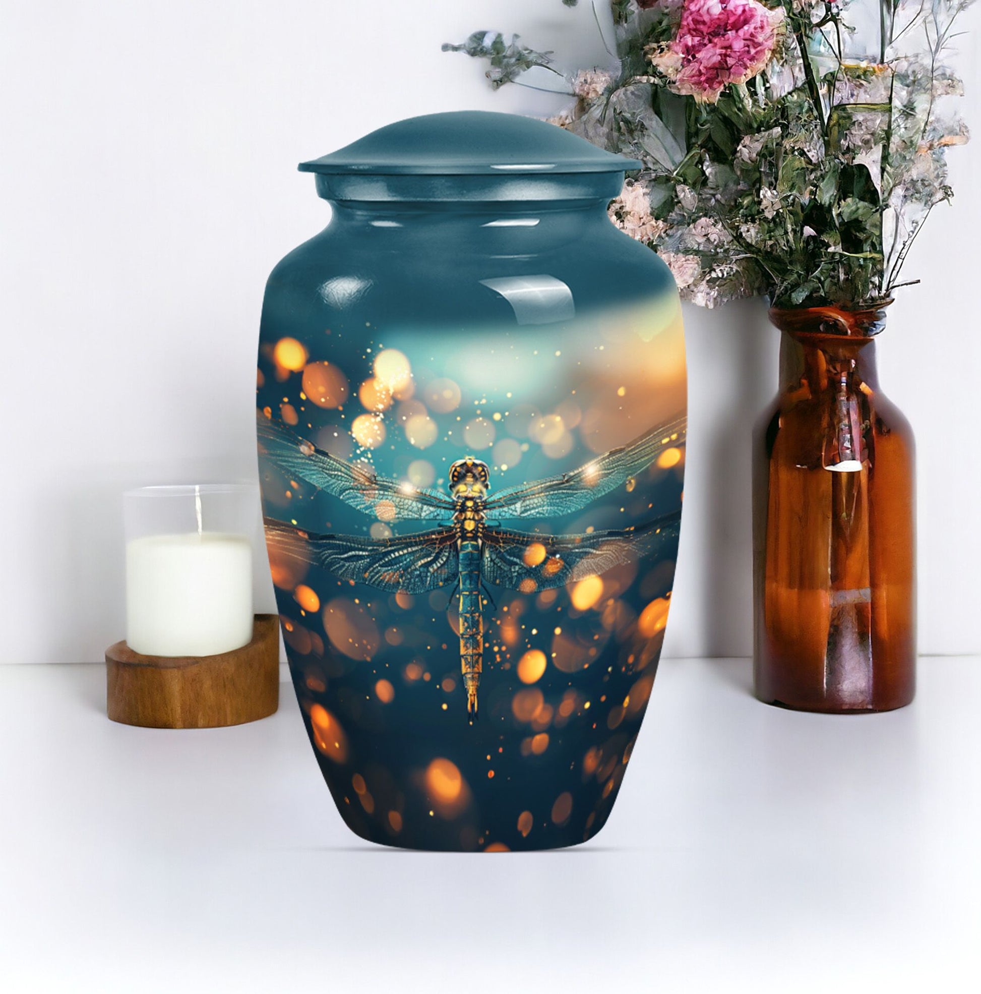 Classic 10-inch Dragonfly urn in Purple Meadow theme