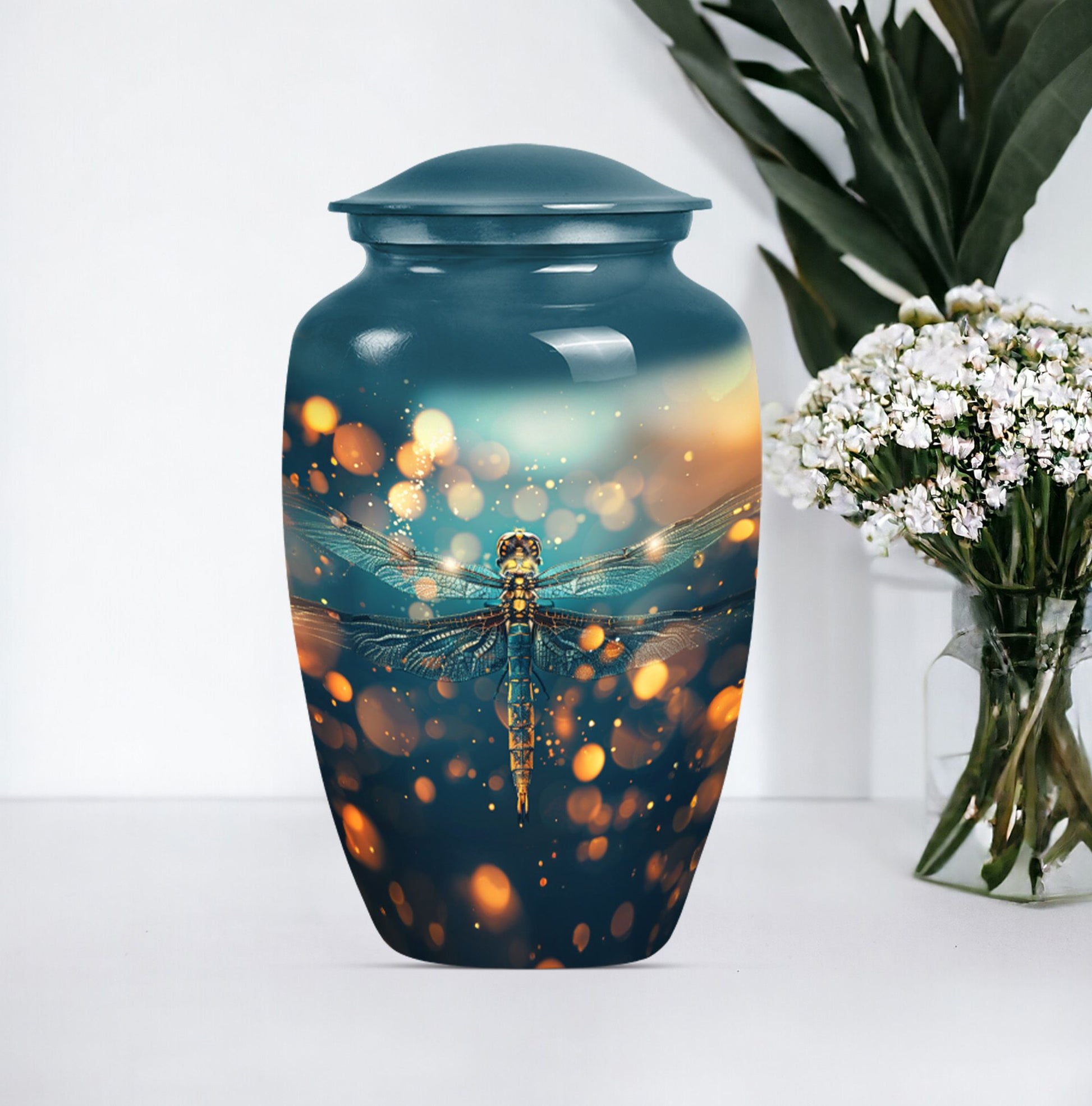 Classic 10-inch Dragonfly urn in Purple Meadow theme