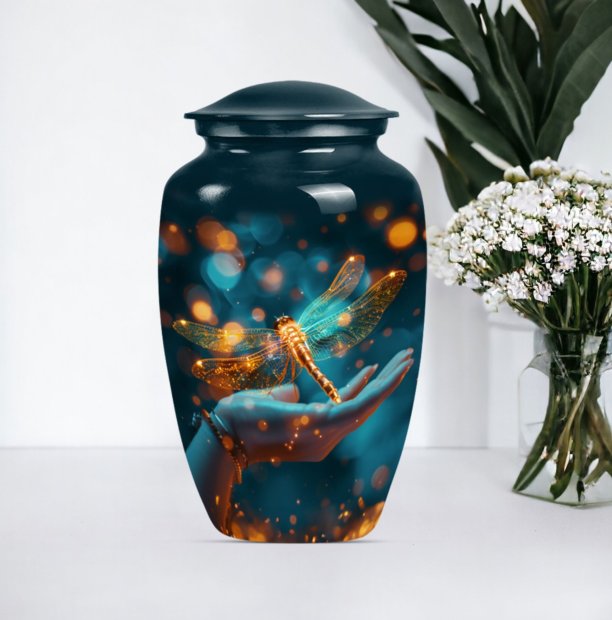 Classic Dragonfly Urn in Purple Meadow theme.