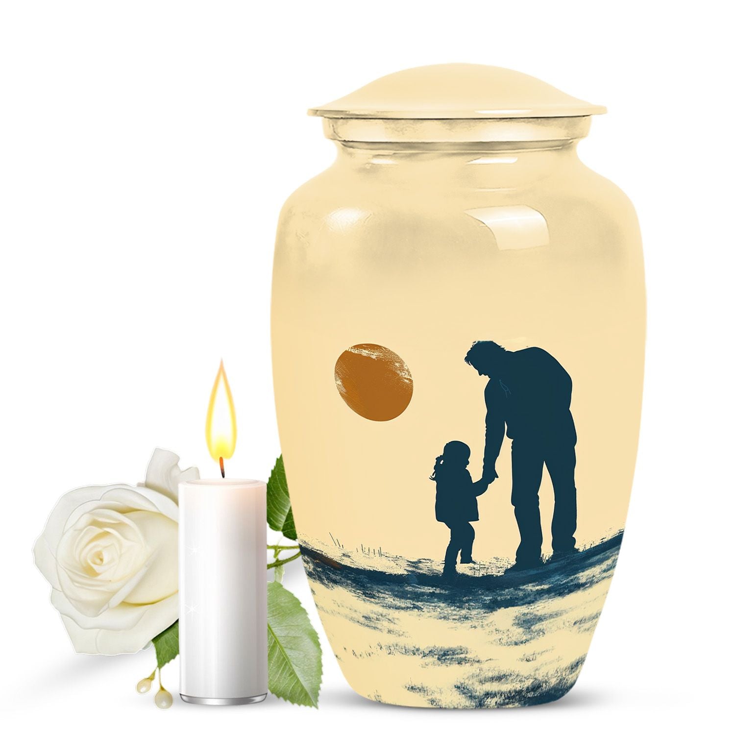 classic urn with father son fishing ashes burial.