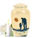 classic urn with father son fishing ashes burial.