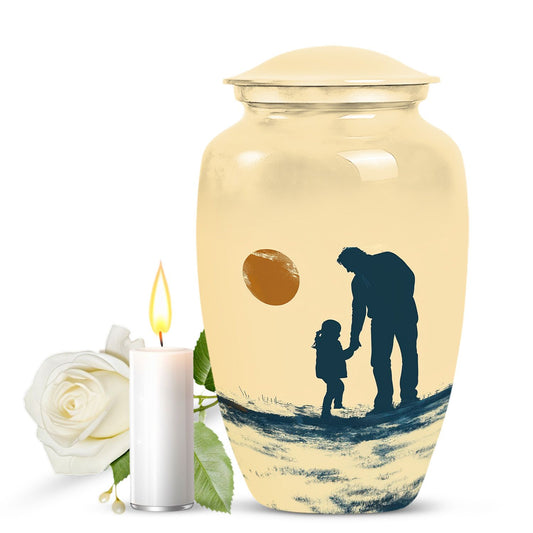 classic urn with father son fishing ashes burial.