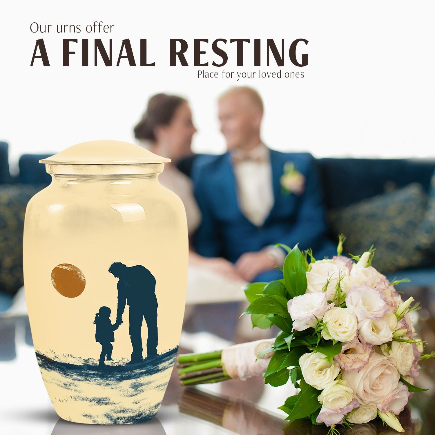 classic urn with father son fishing ashes burial.