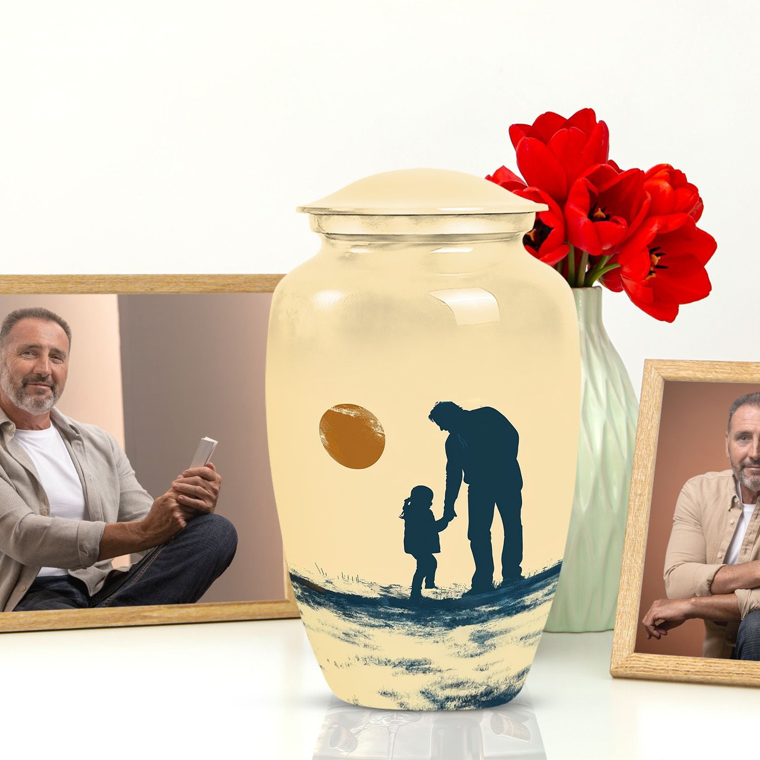 classic urn with father son fishing ashes burial.