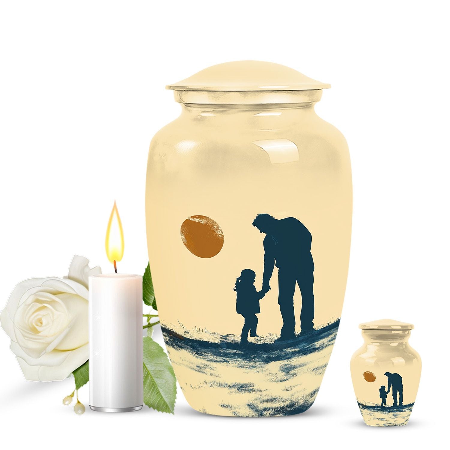 classic urn with father son fishing ashes burial.