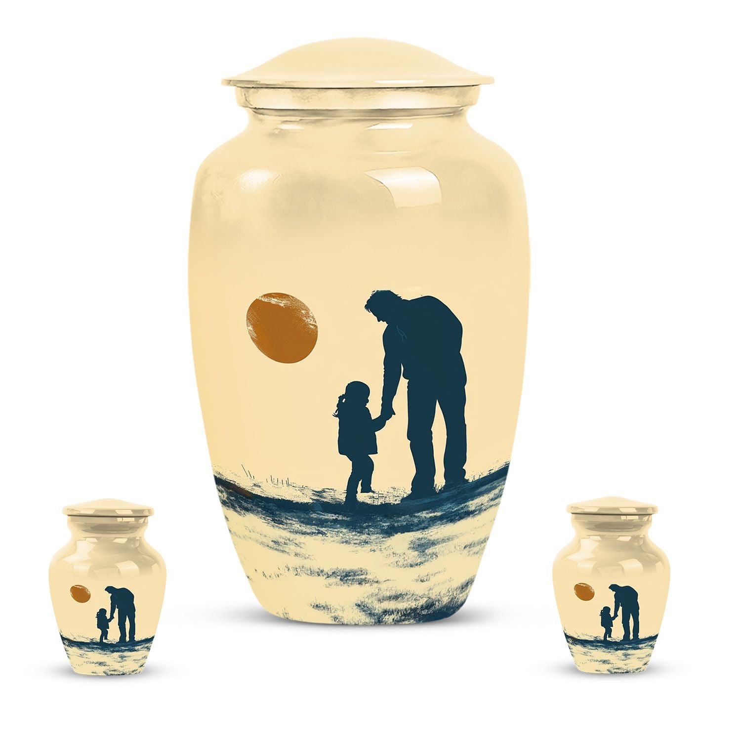 classic urn with father son fishing ashes burial.