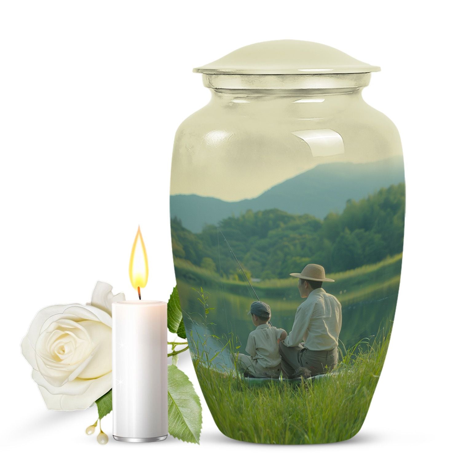 father son fishing urn