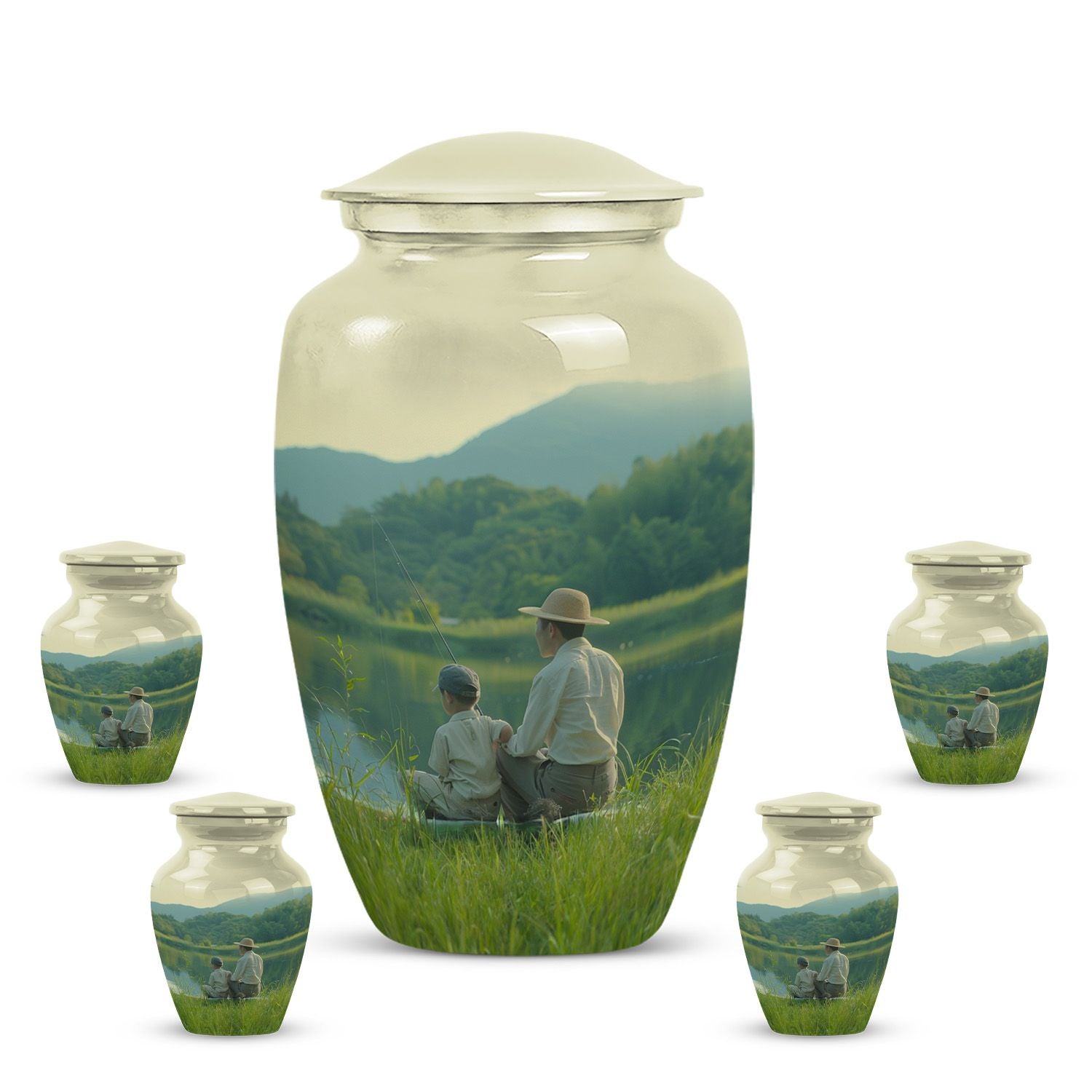 father son fishing urn