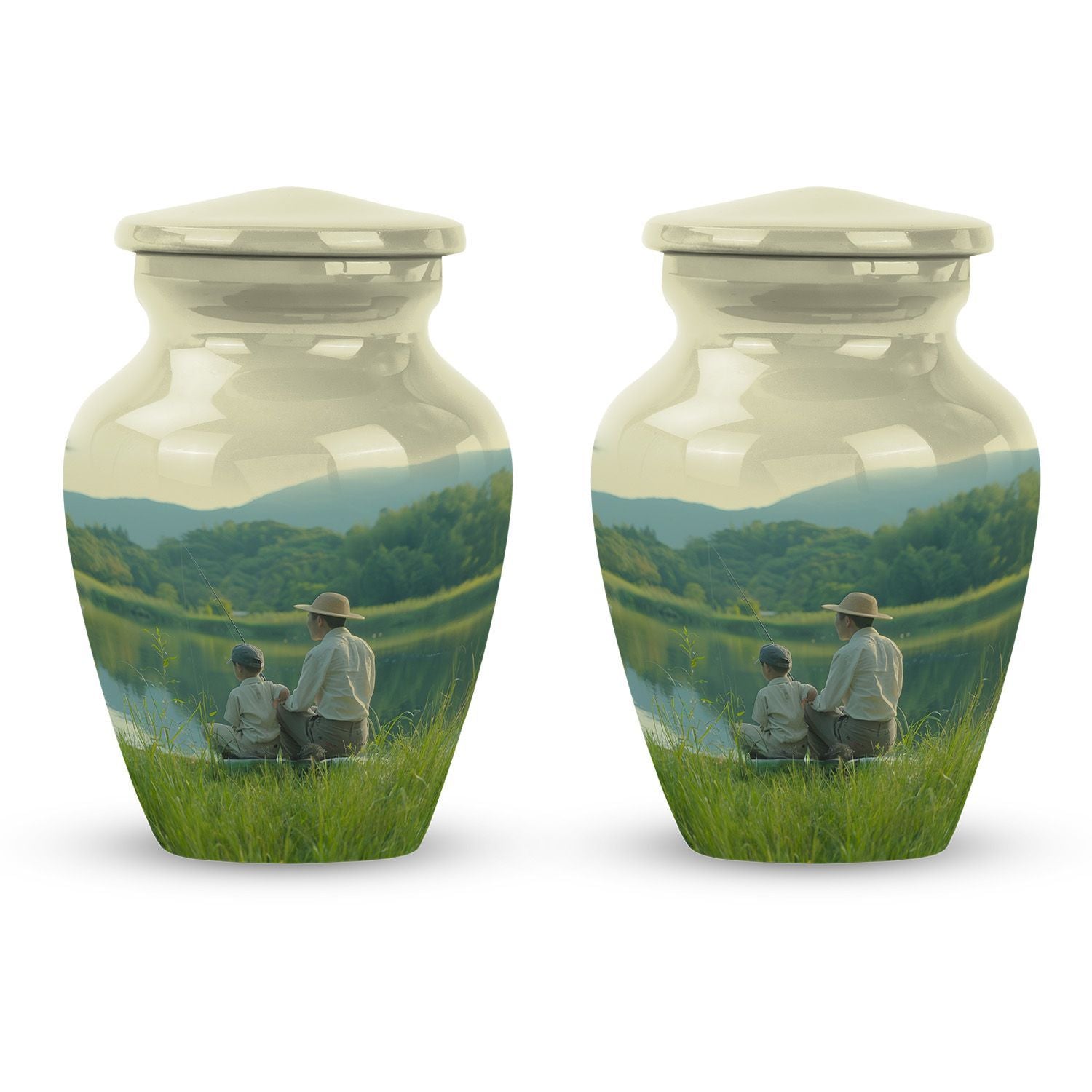 father son fishing urn