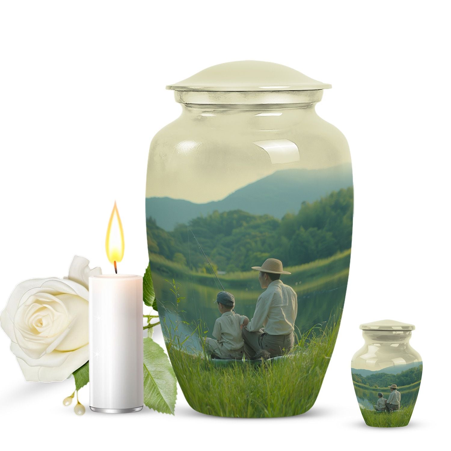 father son fishing urn