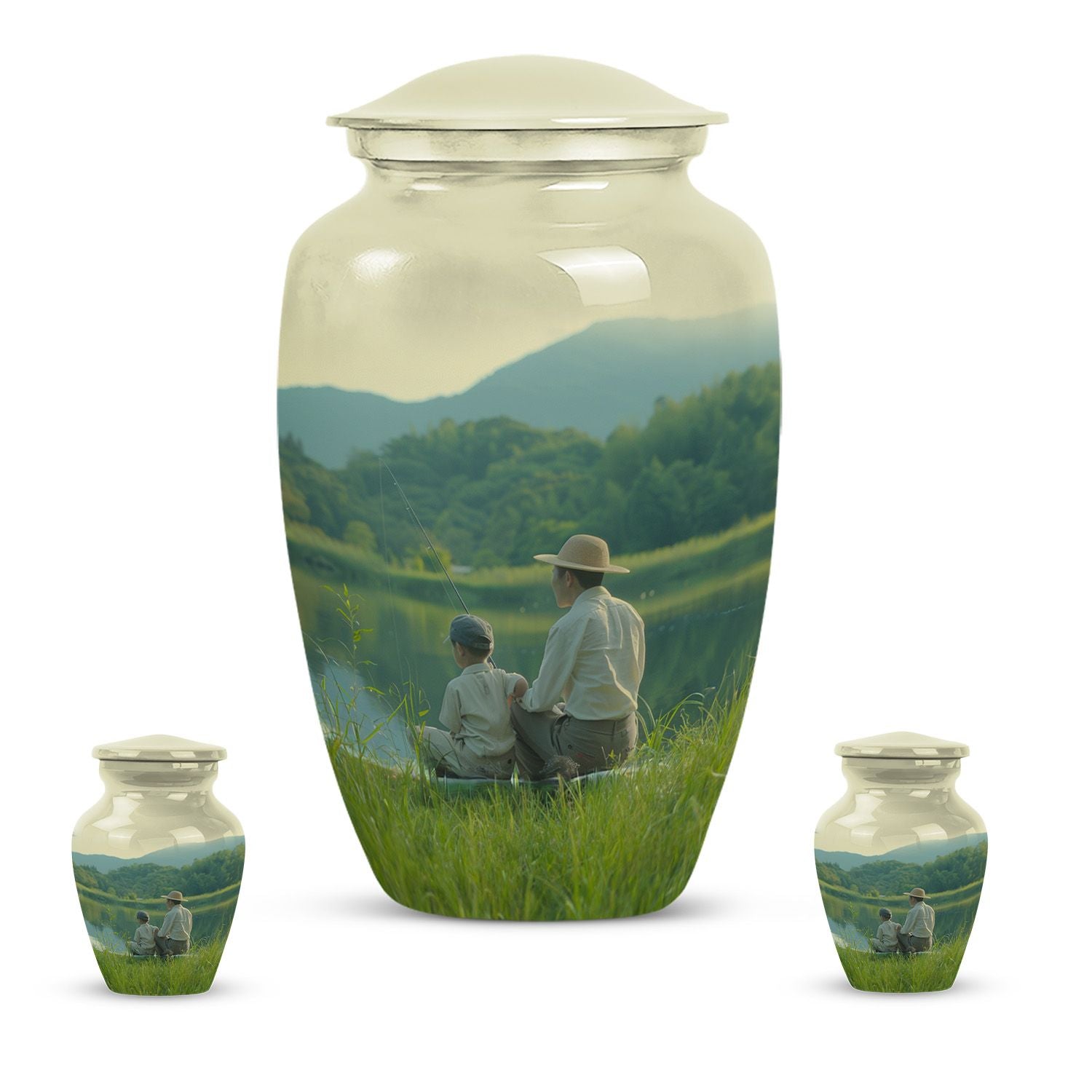 father son fishing urn