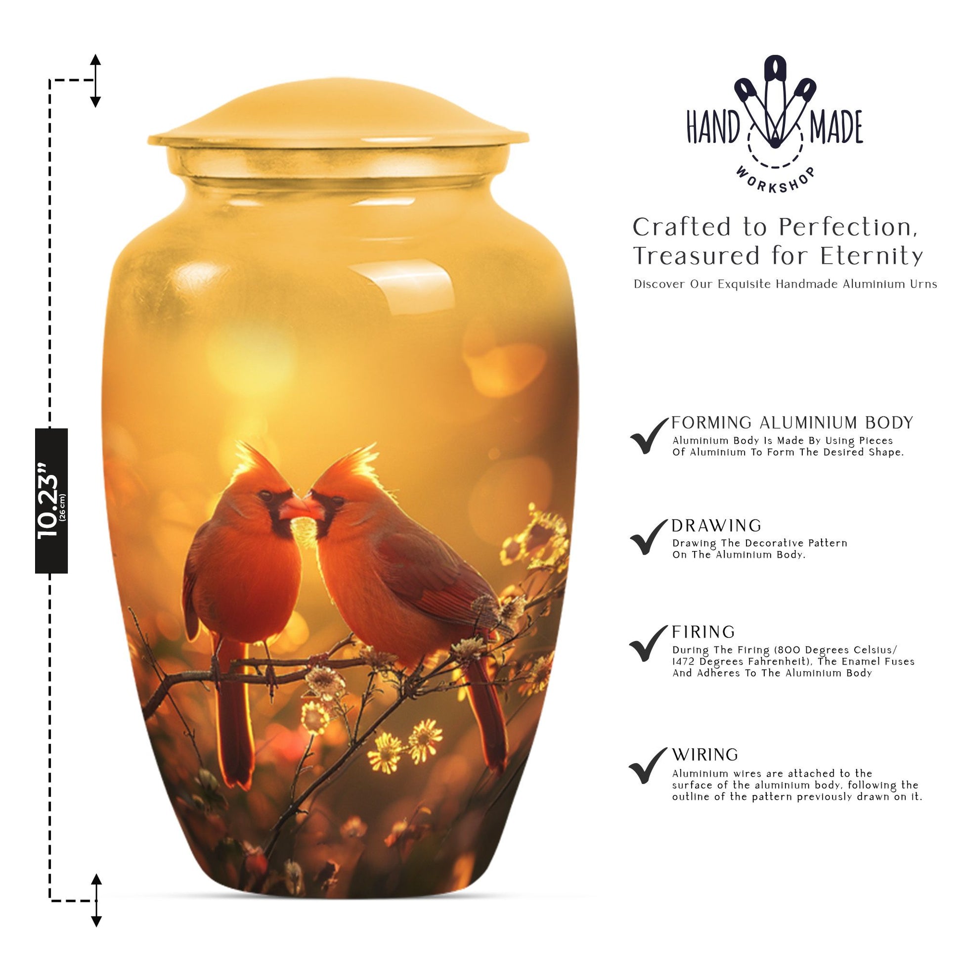 Classic 10-inch cardinal bird urn, designed for cremation.